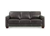 A three-seat brown leather sofa with a clean, modern design, shown from a straight-on perspective against a plain white background.