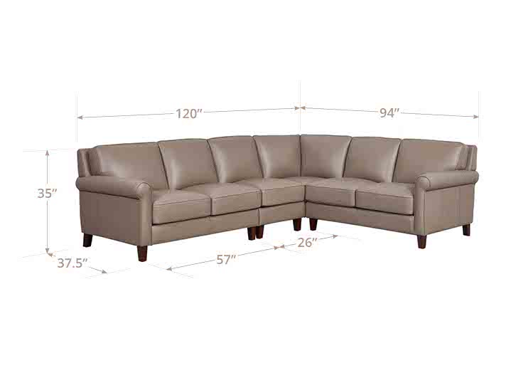 Brown sectional sofa with dimensions on a white background
