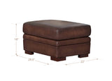 Brown ottoman with dimensions labeled on a white background