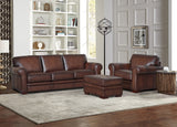 Brown leather sofa set in a living room with bookshelf and decor.