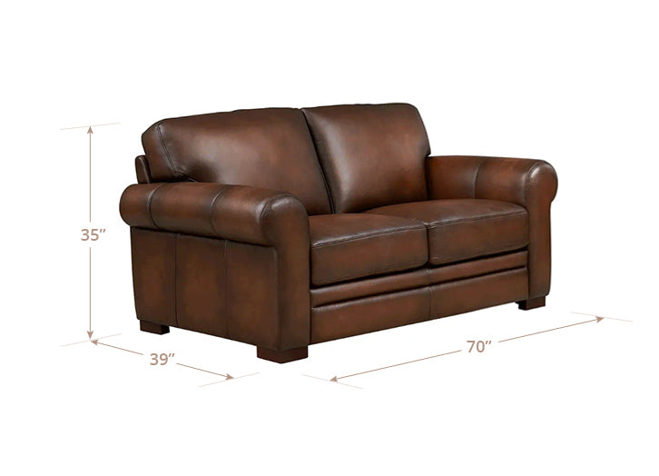 Brown leather sofa with dimensions marked on a white background