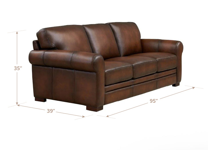 Brown leather sofa with dimensions labeled on a white background