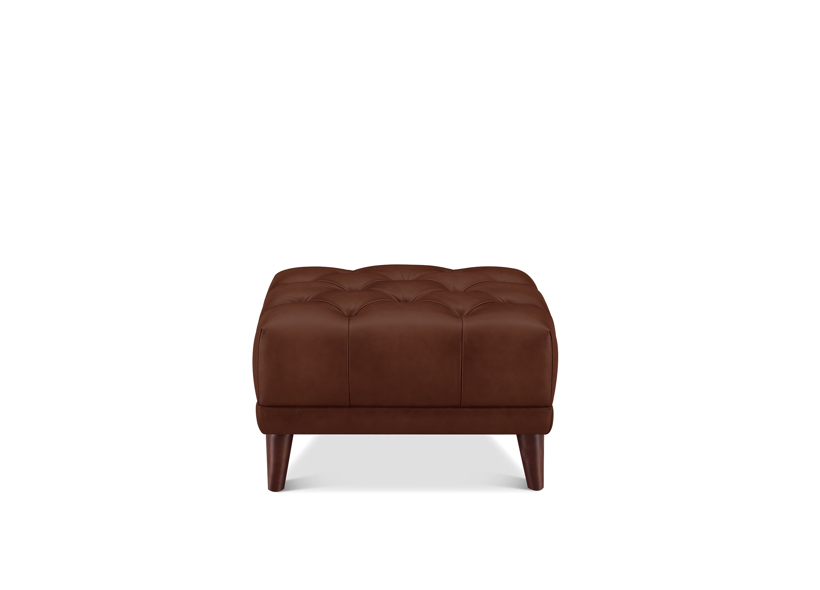 A brown tufted leather ottoman with dark wooden legs, shown from the front on a solid white background.