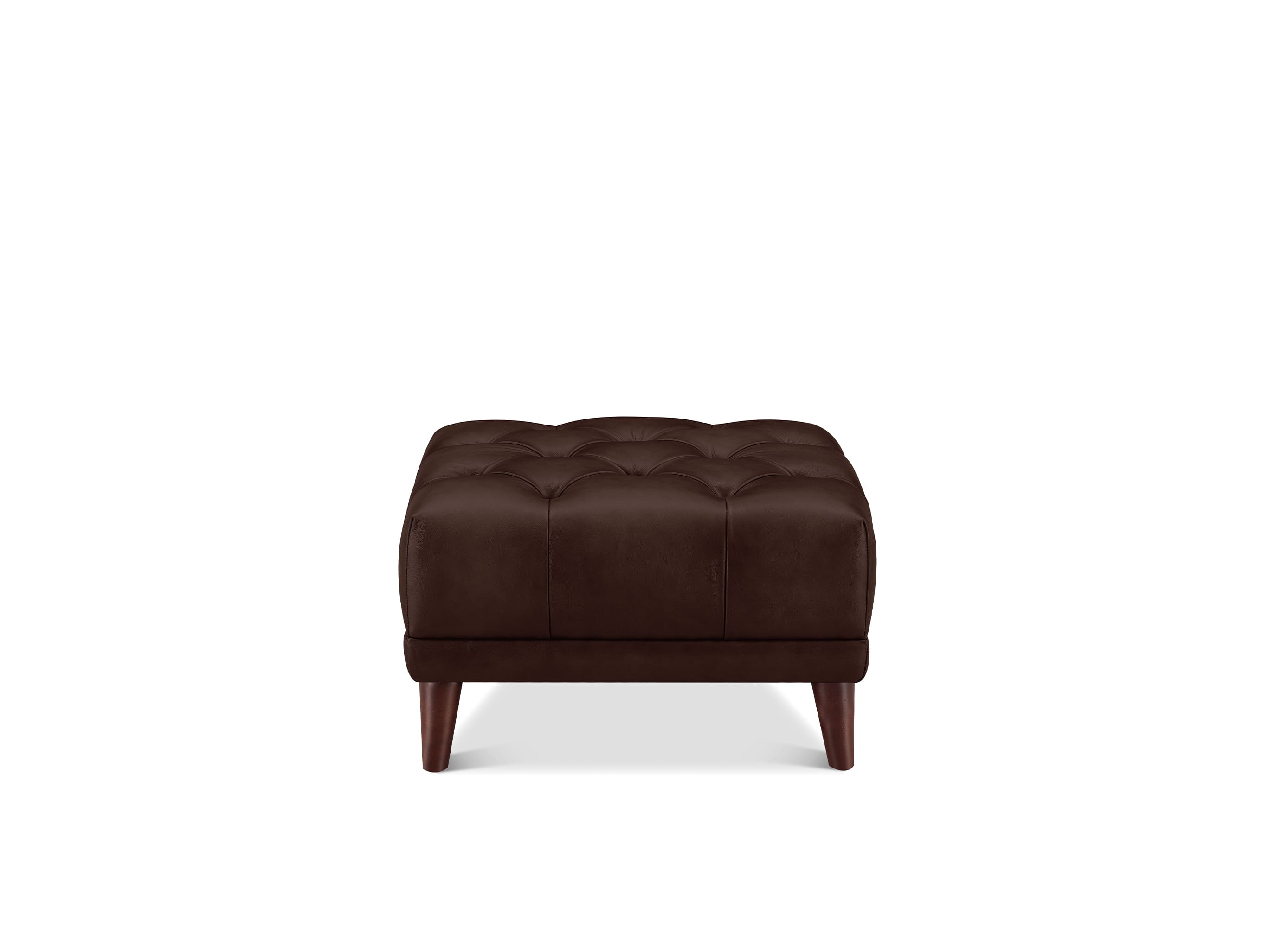 A dark brown tufted ottoman with a smooth leather or faux-leather finish and four tapered wooden legs, shown against a plain white background.