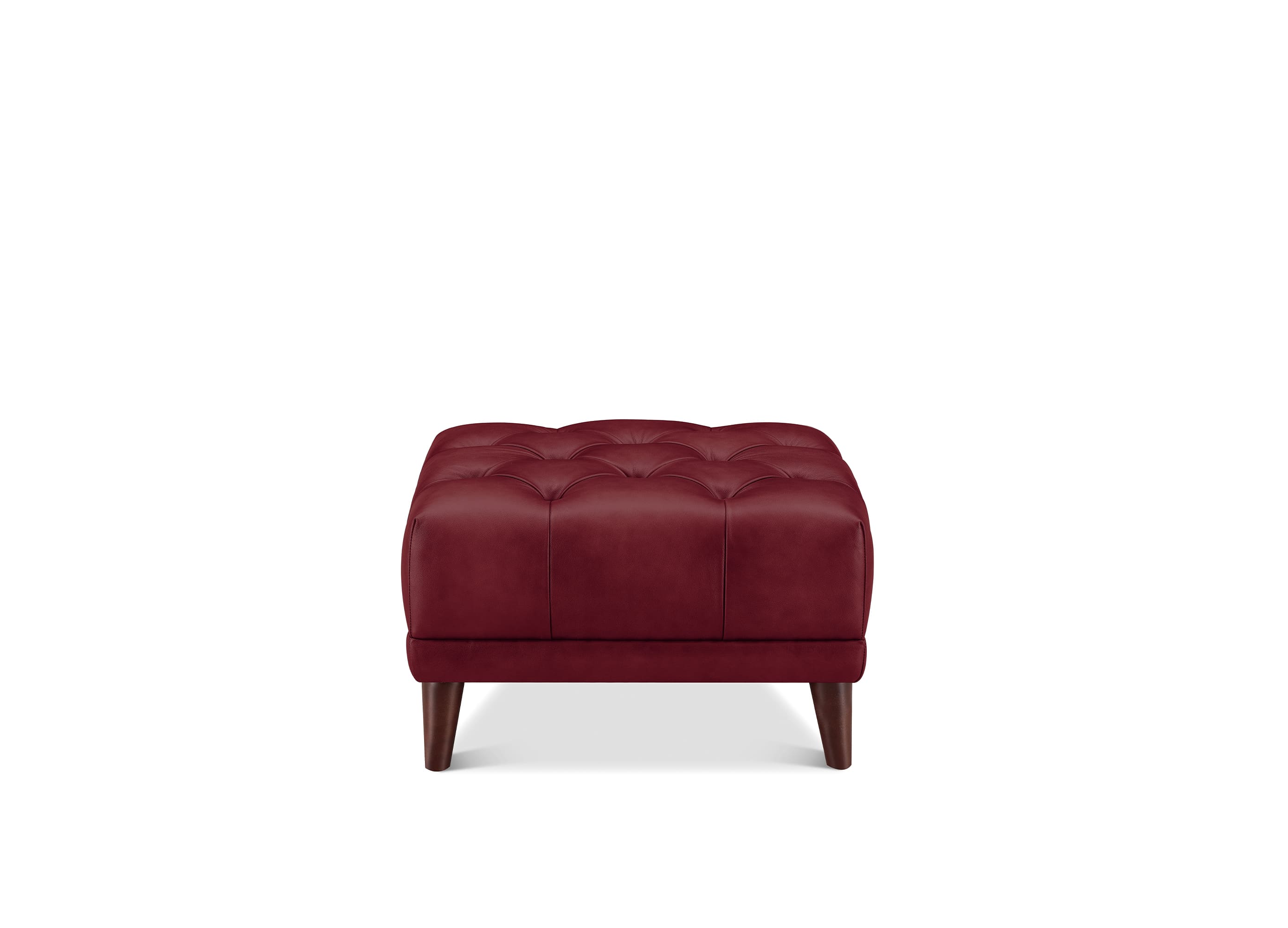 A square tufted ottoman in deep burgundy leather with dark brown wooden legs, shown from the front on a solid white background.