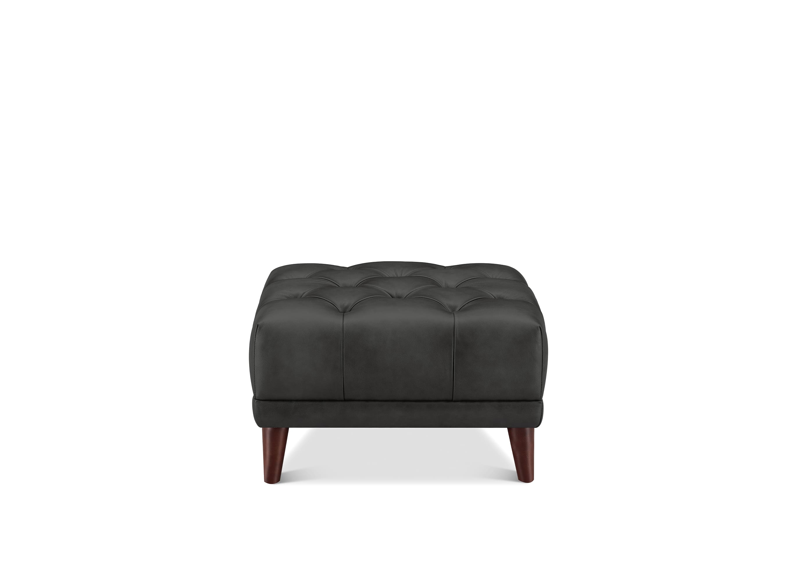 A black tufted ottoman with dark brown wooden legs, shown from the front against a plain white background.