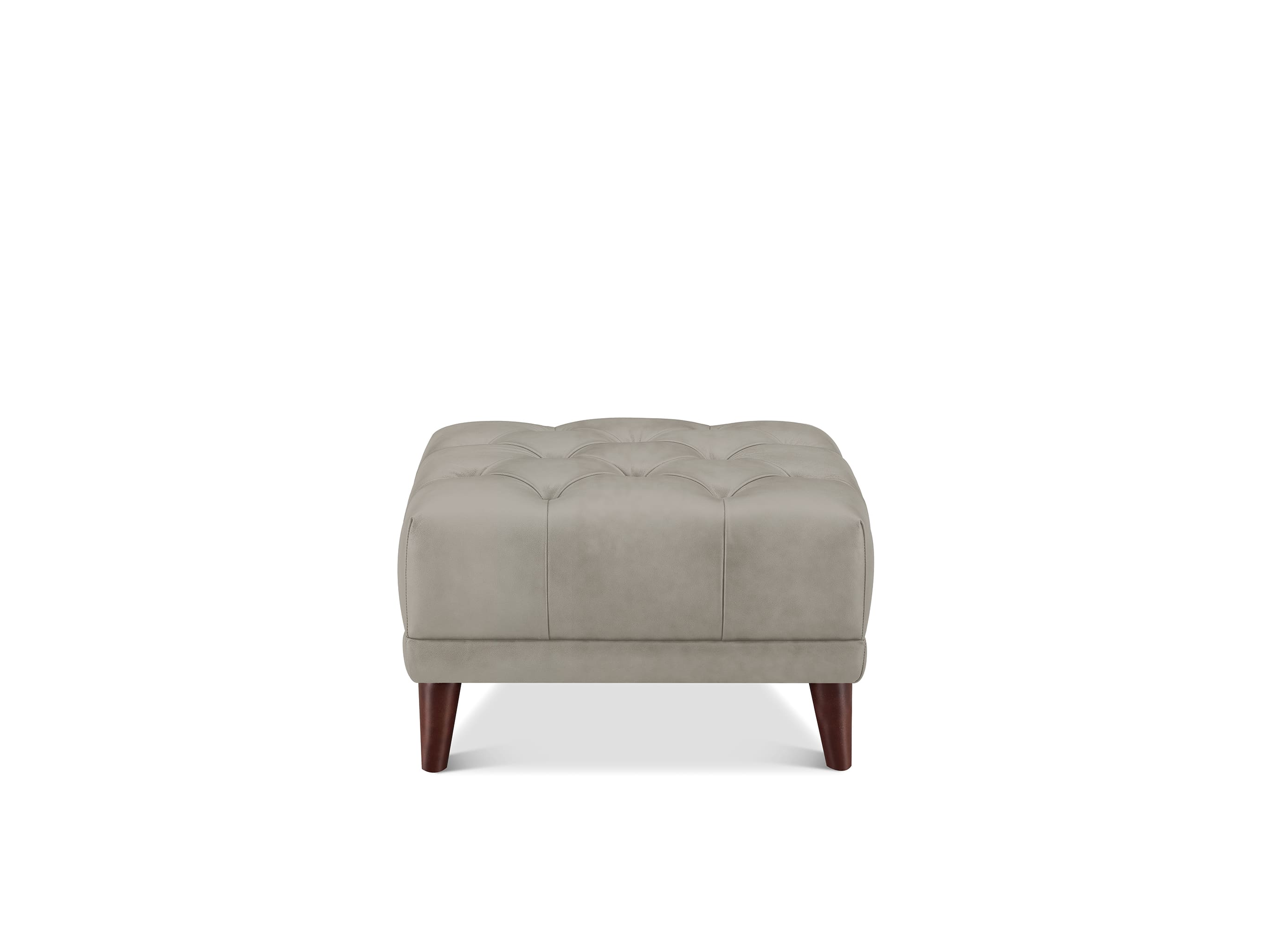 A square tufted ottoman in light taupe fabric with dark brown wooden legs, shown against a plain white background.