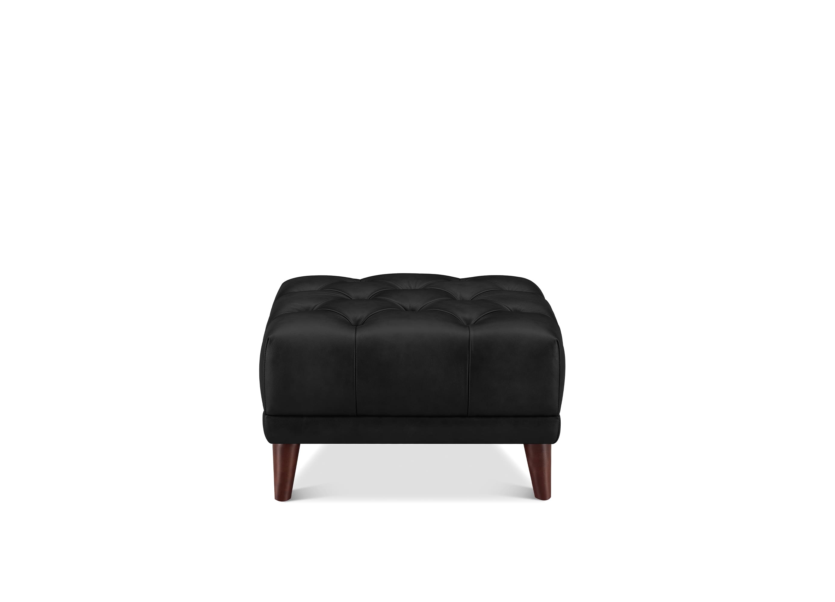 A black tufted leather ottoman with dark brown wooden legs, shown from the front on a solid white background.