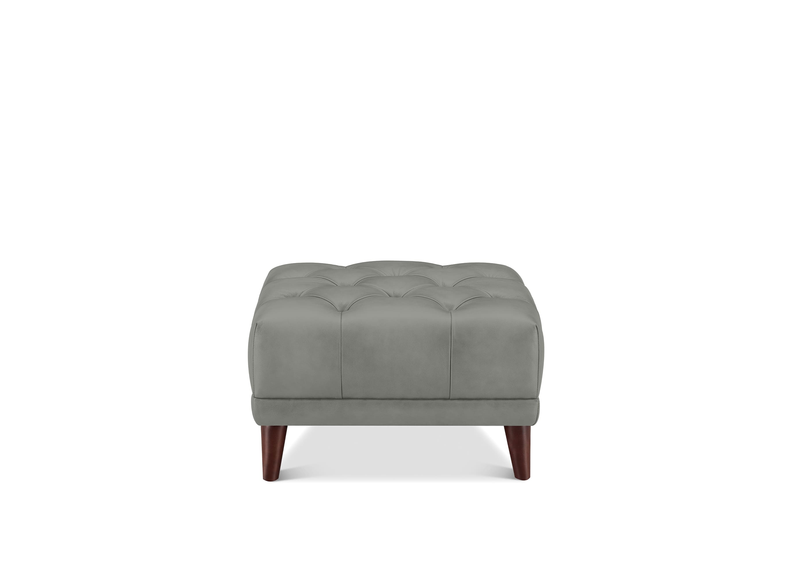 A square tufted ottoman in a muted gray fabric, supported by four dark brown wooden legs, shown against a plain white background.