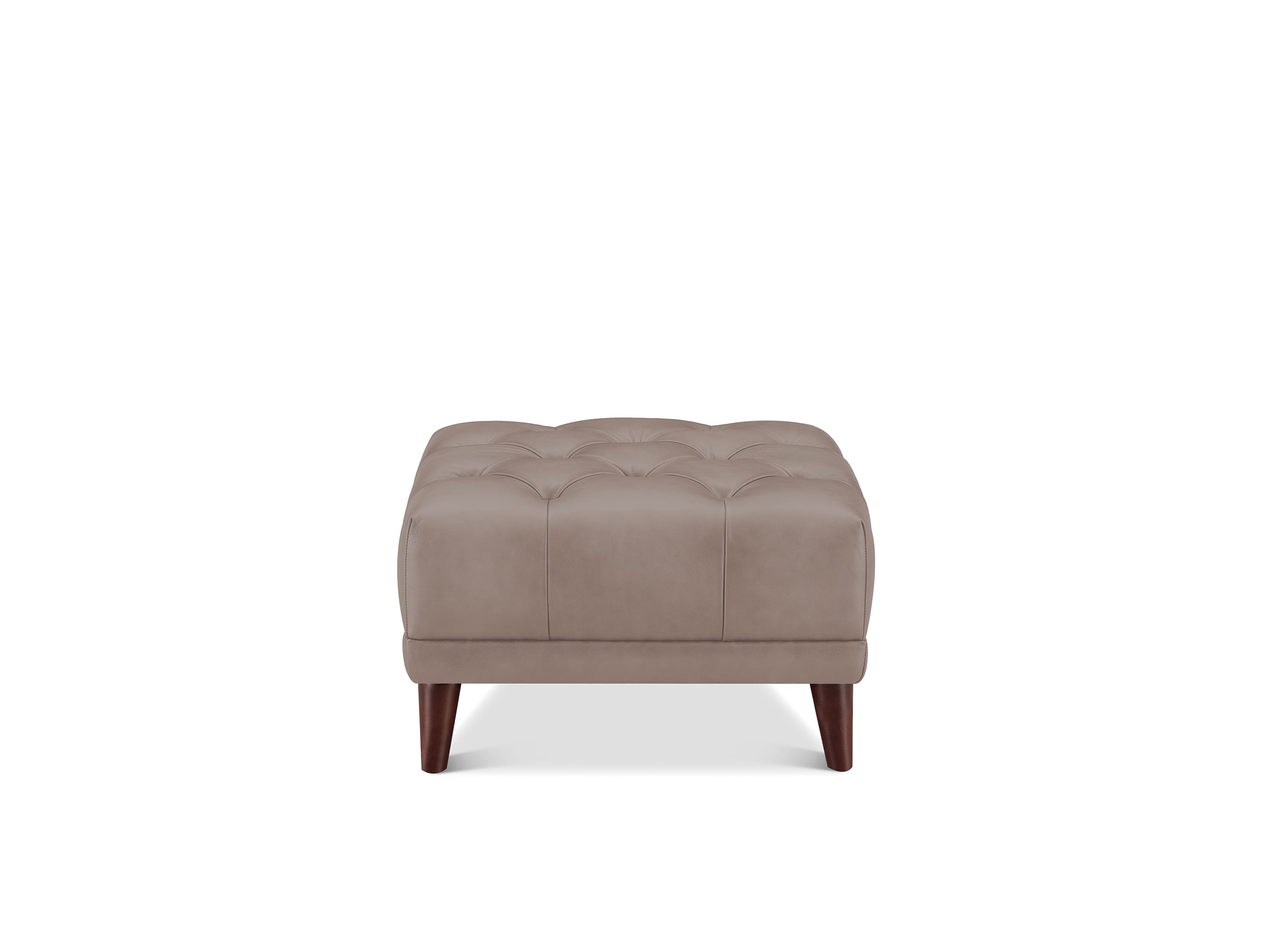 A square tufted ottoman in taupe-brown faux leather with dark brown wooden legs, shown against a plain white background.