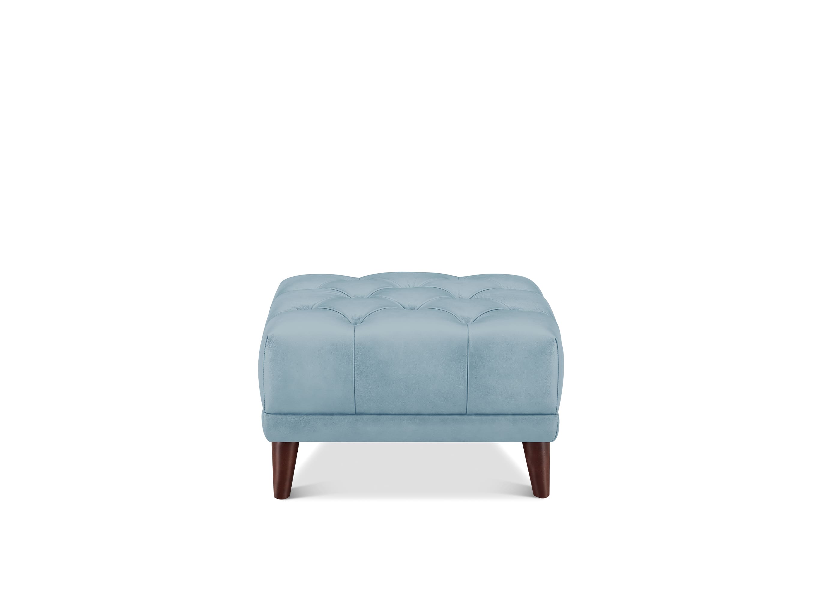A light blue tufted ottoman with dark brown wooden legs, shown from the front on a solid white background.