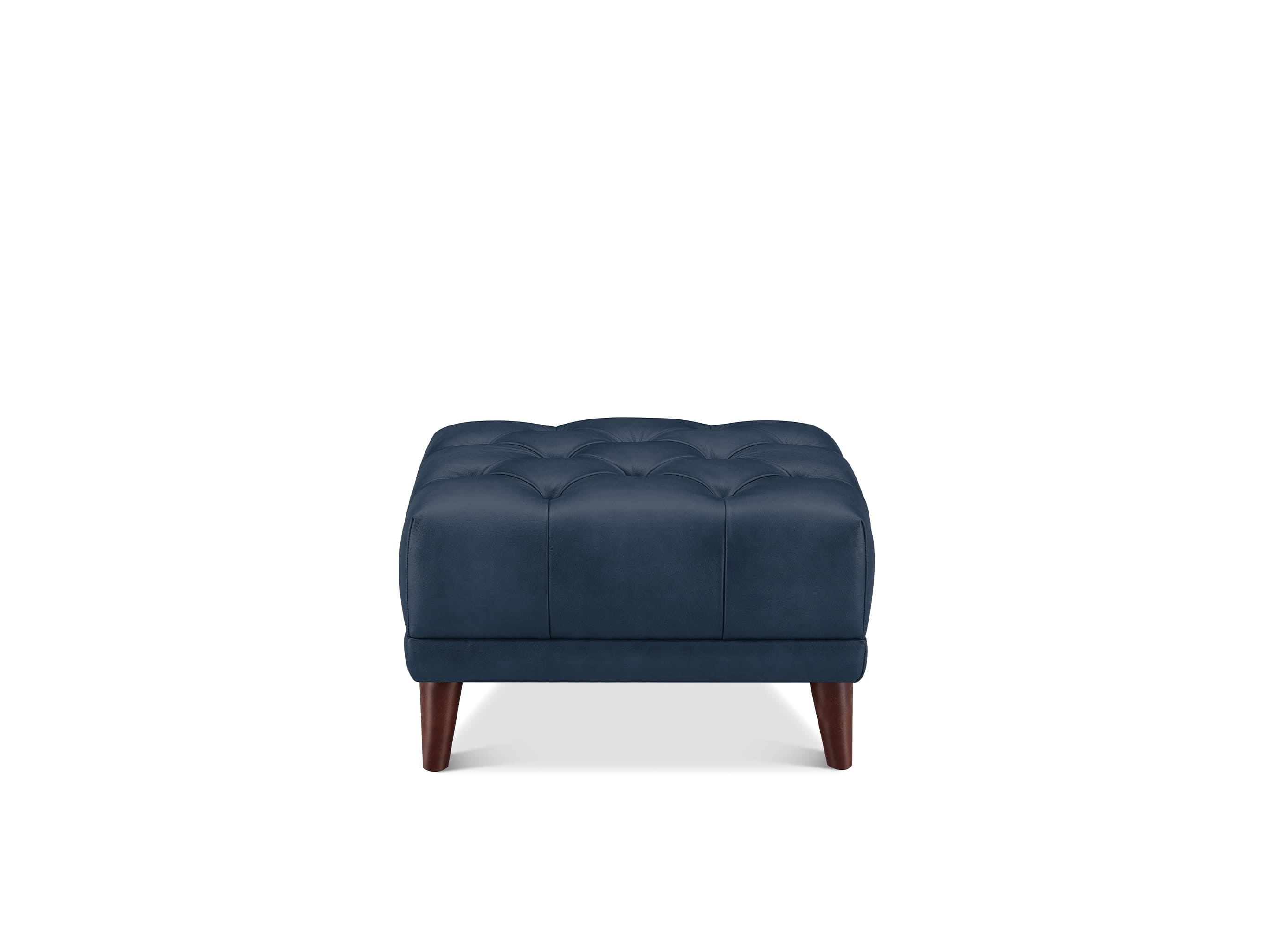 A navy blue tufted ottoman with dark brown wooden legs, shown from the front on a solid white background.