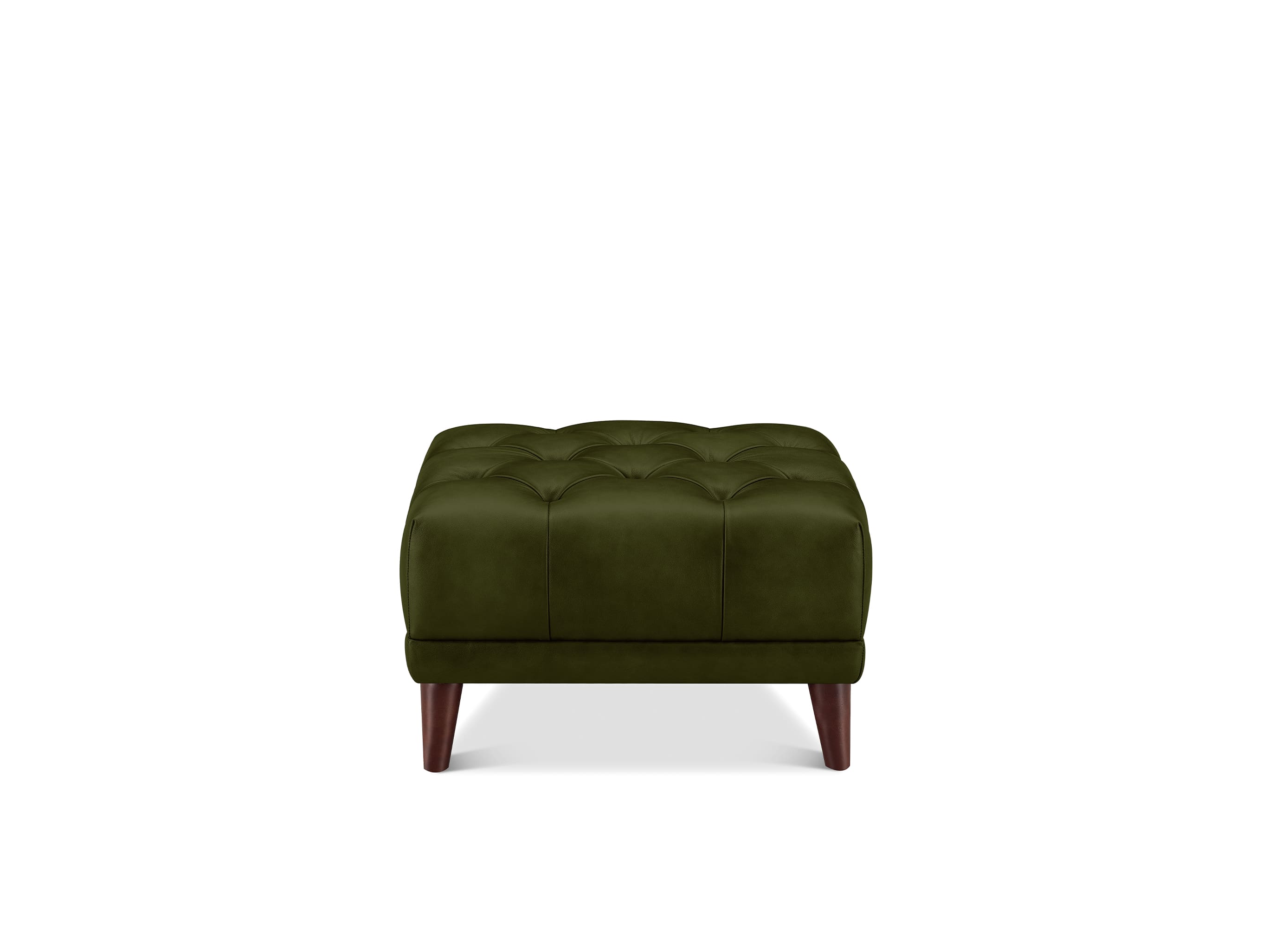 An olive green tufted ottoman with dark brown wooden legs, shown from the front against a plain white background.