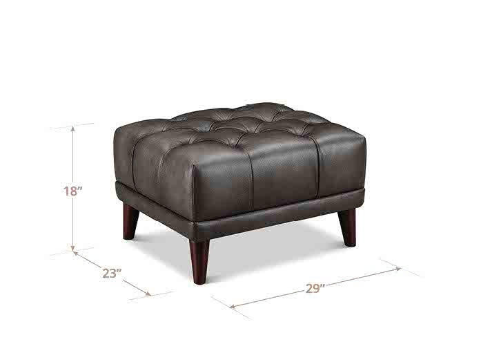 Brown leather ottoman with dimensions on a white background