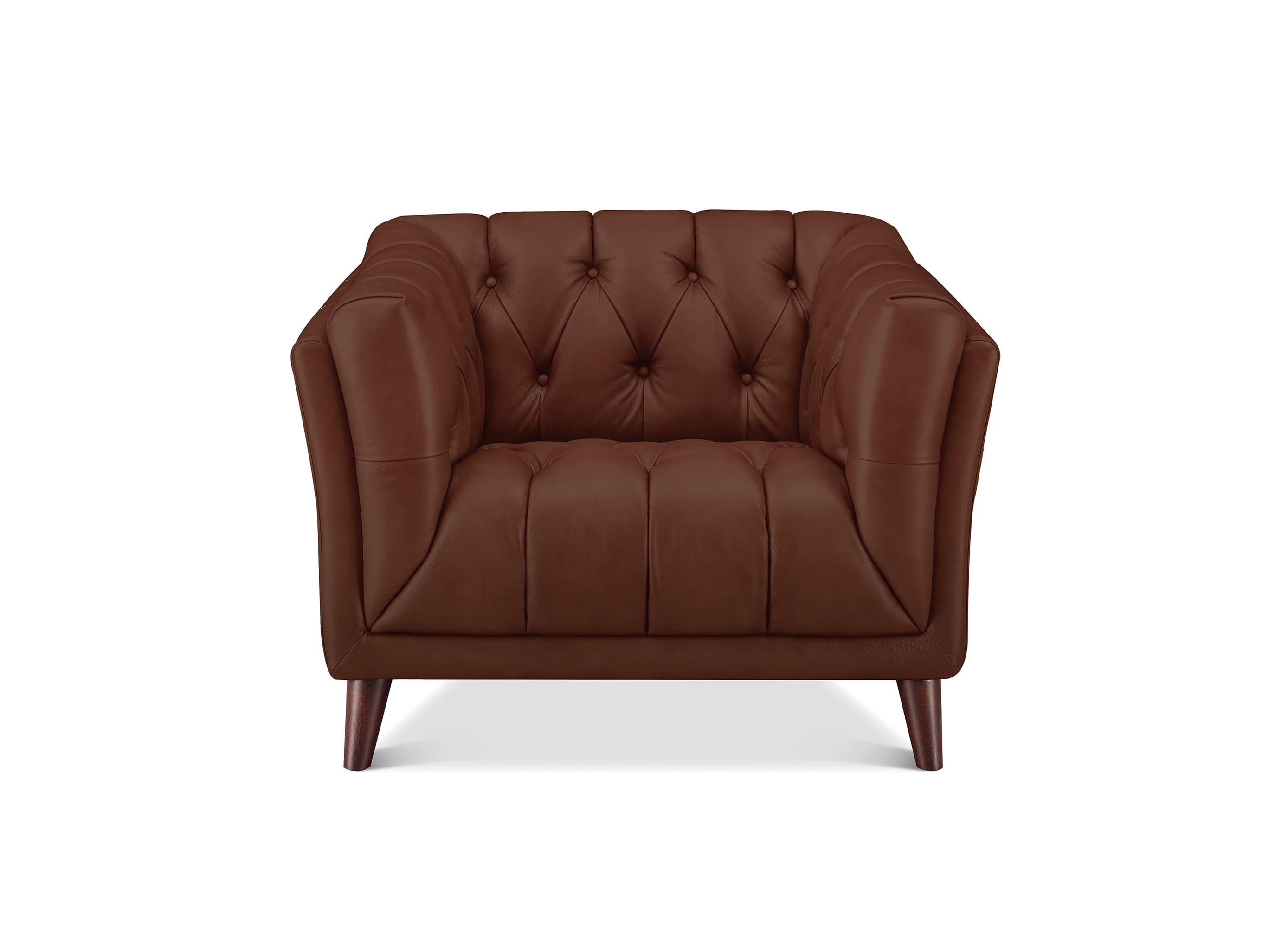 A brown tufted leather armchair with rolled arms and tapered wooden legs, shown against a plain white background.