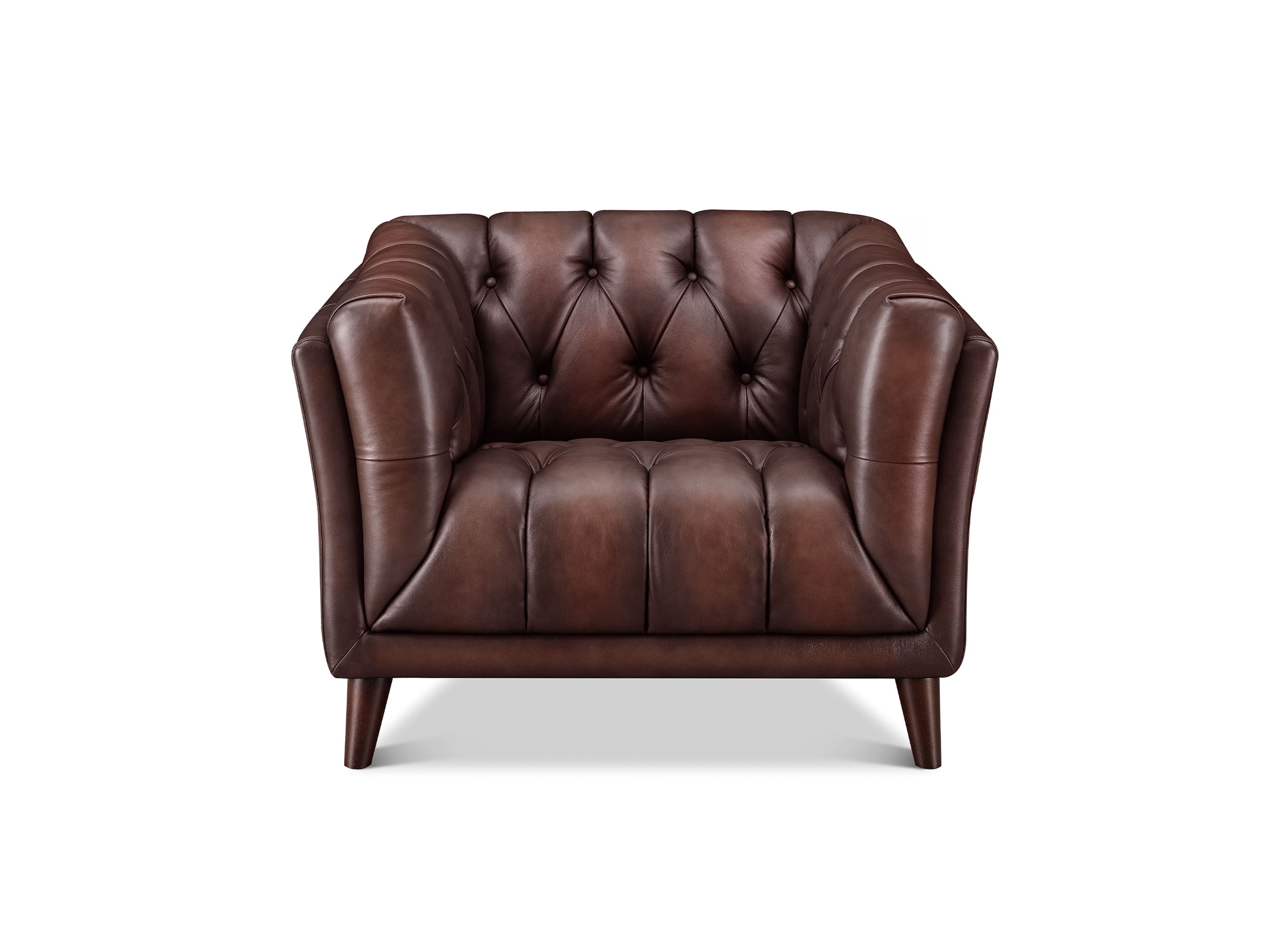 A classic Chesterfield-style armchair upholstered in dark brown leather, featuring deep button tufting on the backrest and seat, rolled arms, and tapered wooden legs, shown against a plain white background.