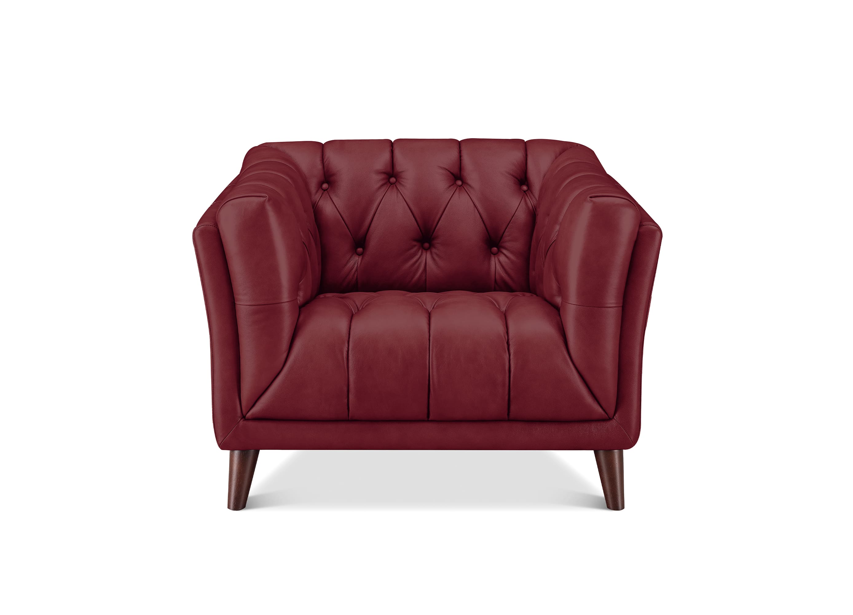 A tufted armchair upholstered in deep burgundy leather with dark wood legs, shown against a plain white background.