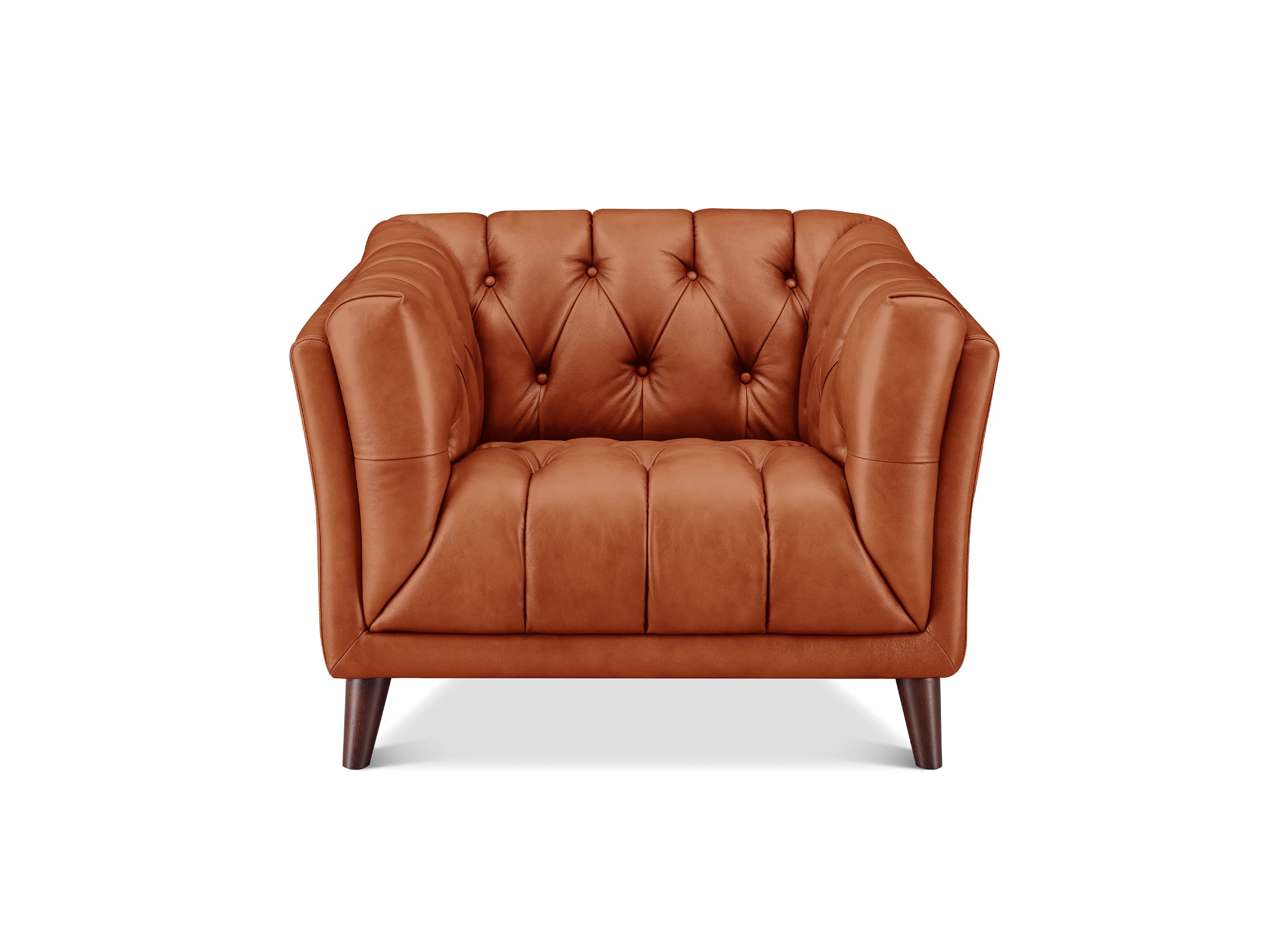 A classic Chesterfield-style armchair upholstered in warm cognac brown leather, featuring deep button tufting on the backrest and seat, rolled arms, and dark tapered wooden legs, shown against a plain white background.