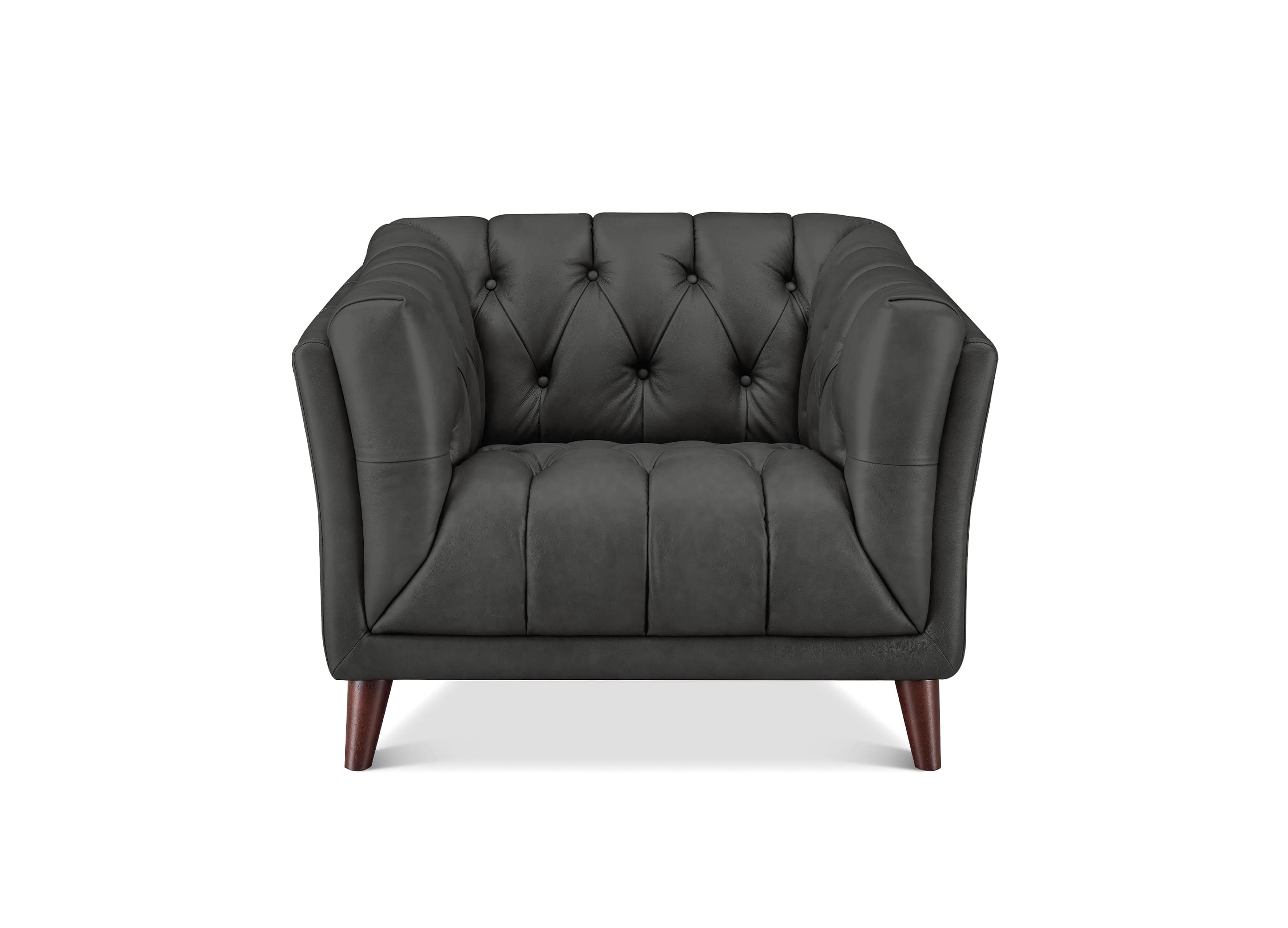 A dark gray tufted armchair with dark brown wooden legs, shown from a front-facing perspective on a white background.