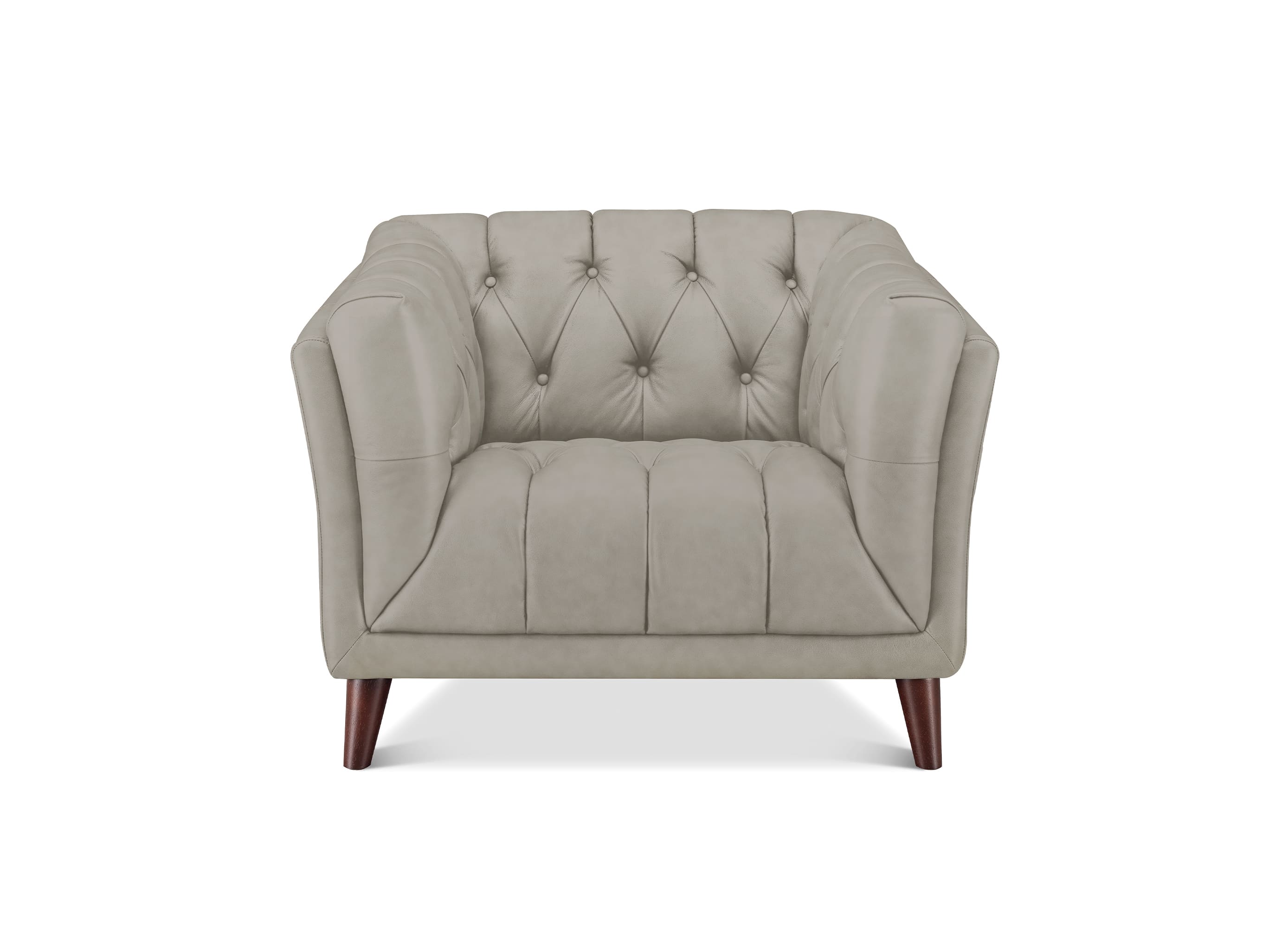A light beige tufted armchair with dark brown wooden legs, shown from a front-facing perspective on a white background.