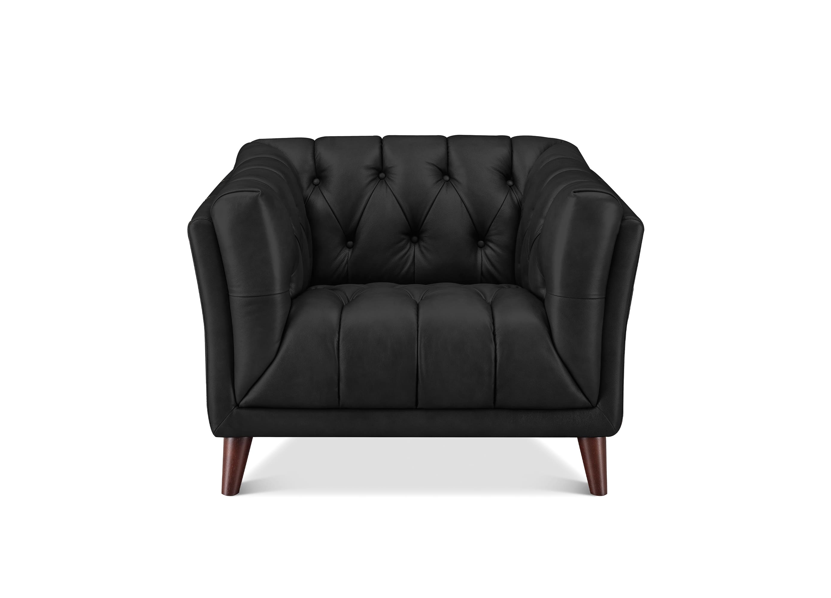 A black tufted leather armchair with dark brown wooden legs, shown from a front-facing perspective on a white background.