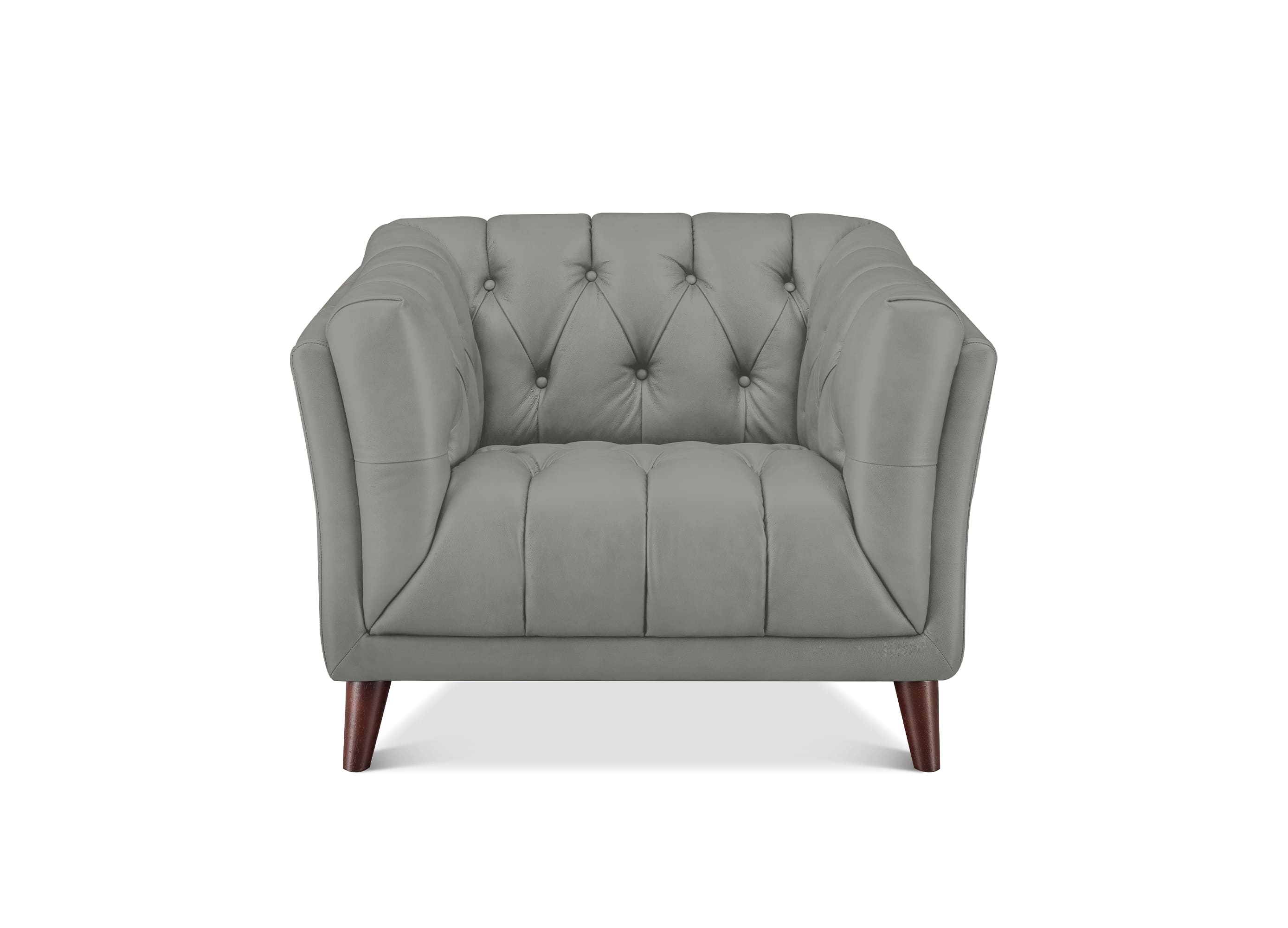 A light gray tufted armchair with dark brown wooden legs, shown from a front-facing perspective on a solid white background.