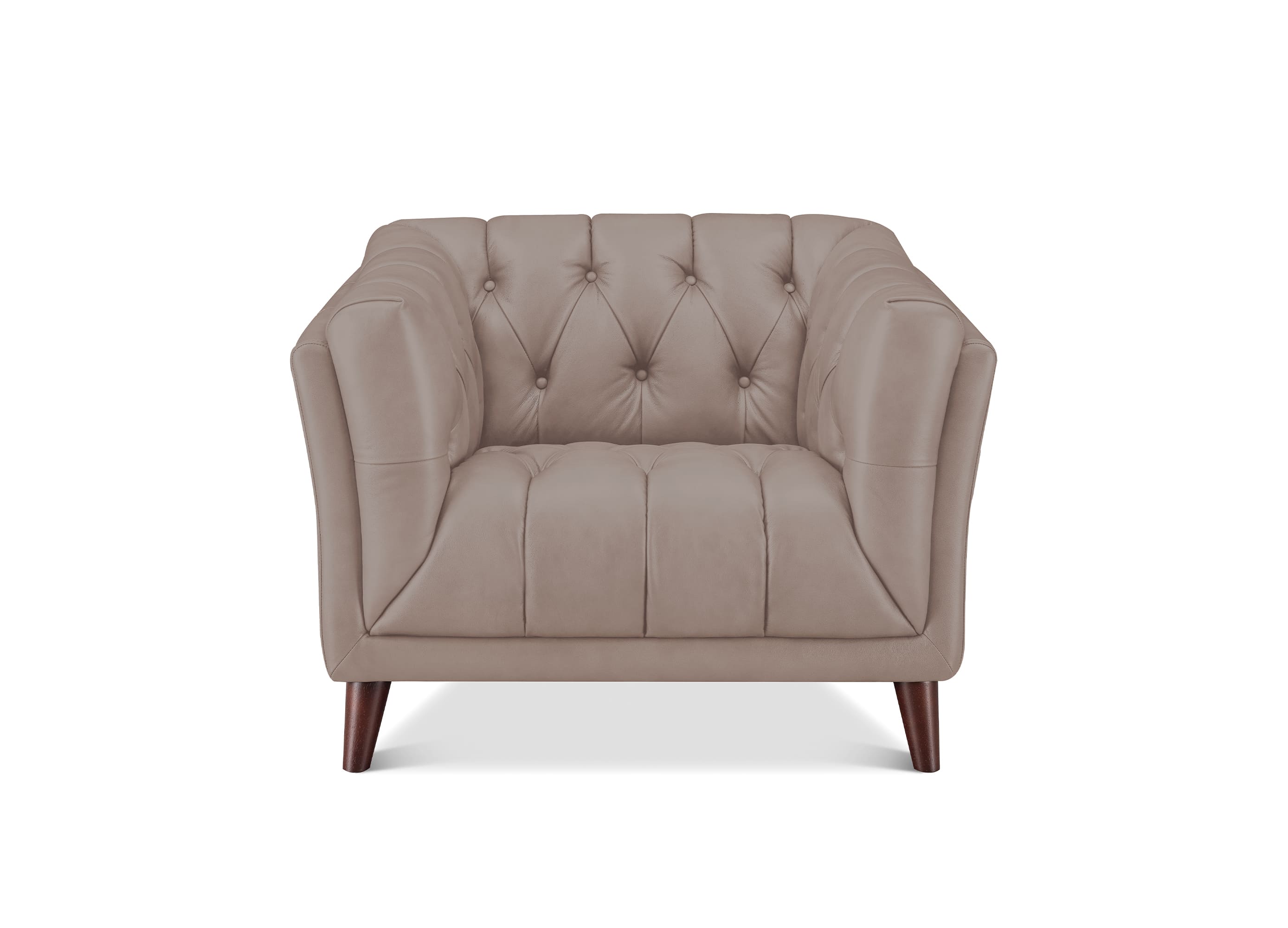 A single upholstered armchair with a tufted button design on the backrest and seat, featuring rolled arms, a cushioned seat, and dark brown wooden legs, shown against a plain white background.
