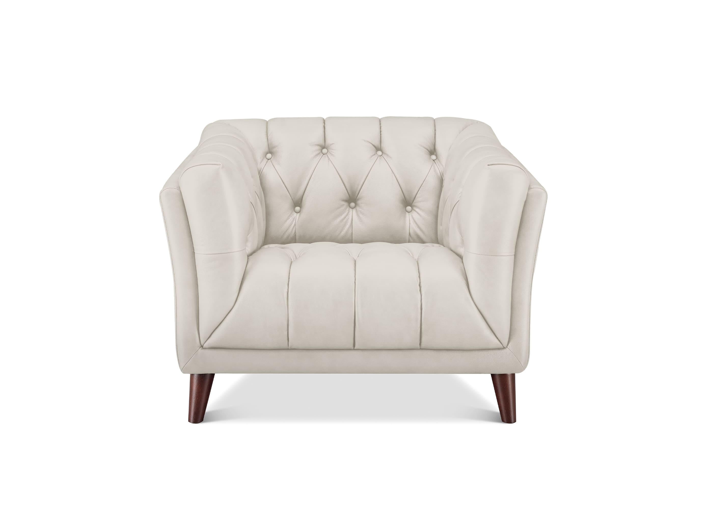 A cream-colored tufted armchair with dark brown wooden legs, shown from a front-facing perspective on a solid white background.