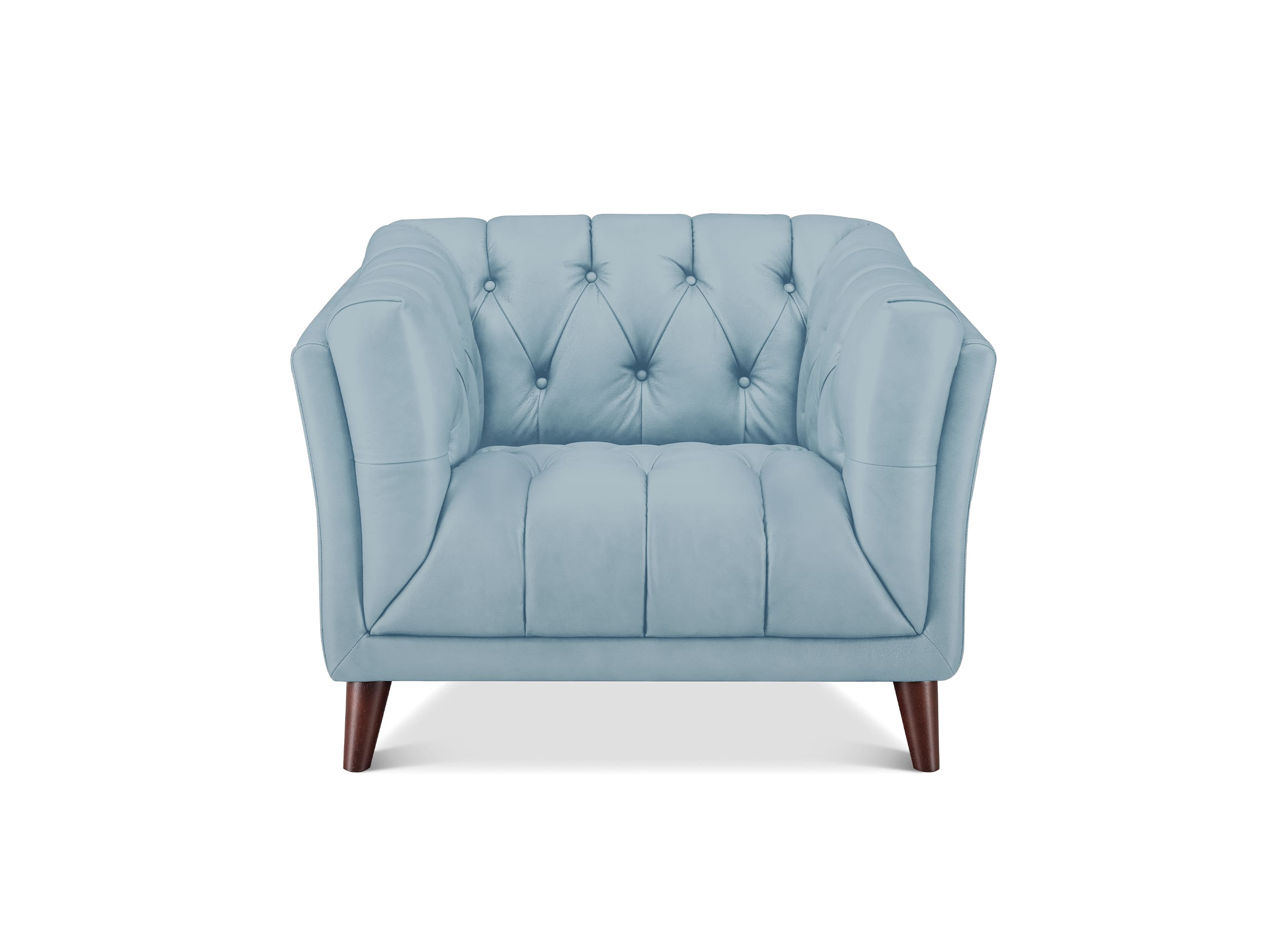 A light blue tufted armchair with dark brown wooden legs, shown from a front-facing perspective on a solid white background.