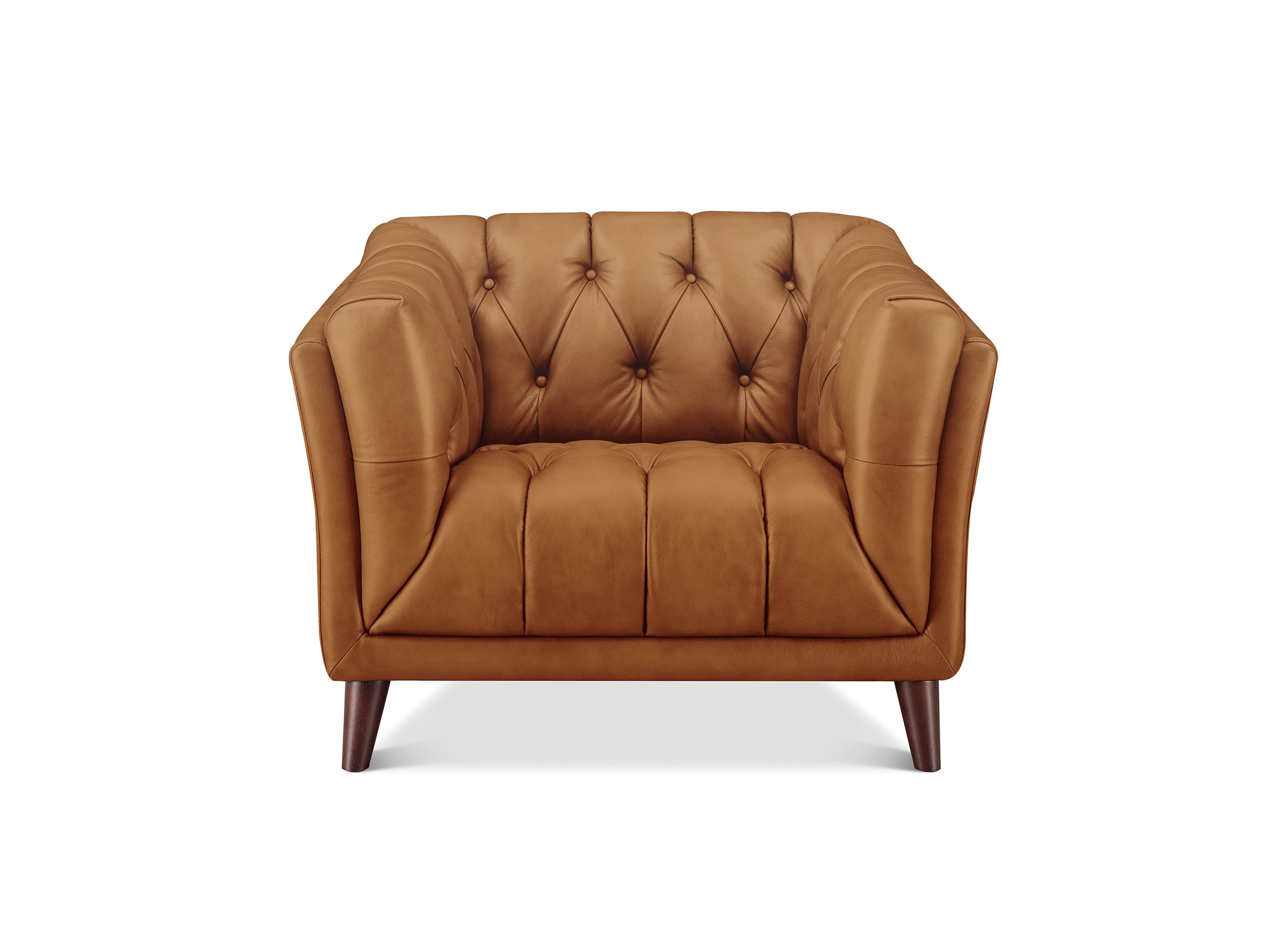 A classic Chesterfield-style armchair upholstered in warm camel brown leather, featuring deep button tufting on the backrest and seat, rolled arms, and dark wooden legs, shown against a plain white background.