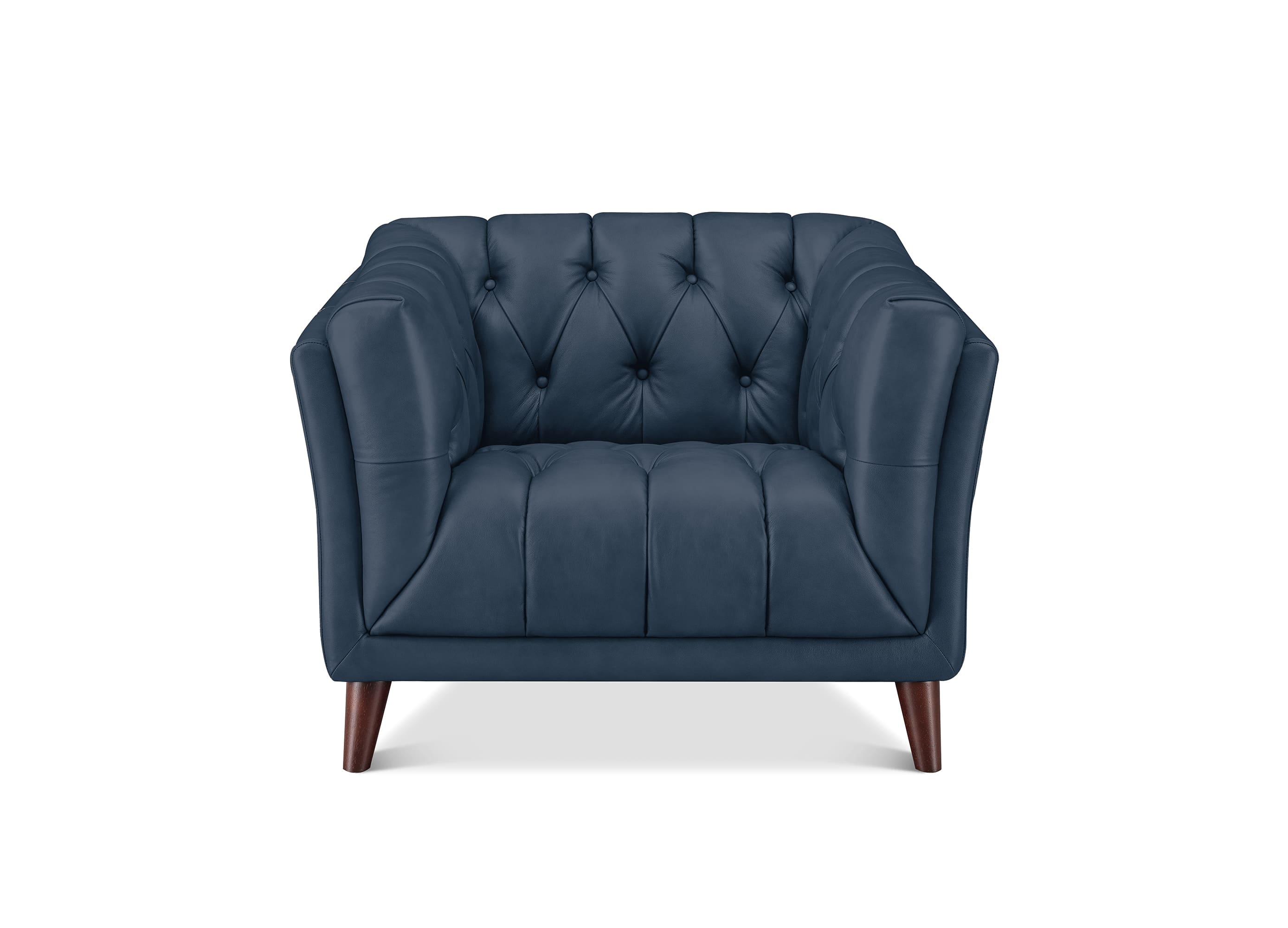 A navy blue tufted armchair with dark brown wooden legs, shown from a front-facing perspective on a solid white background.