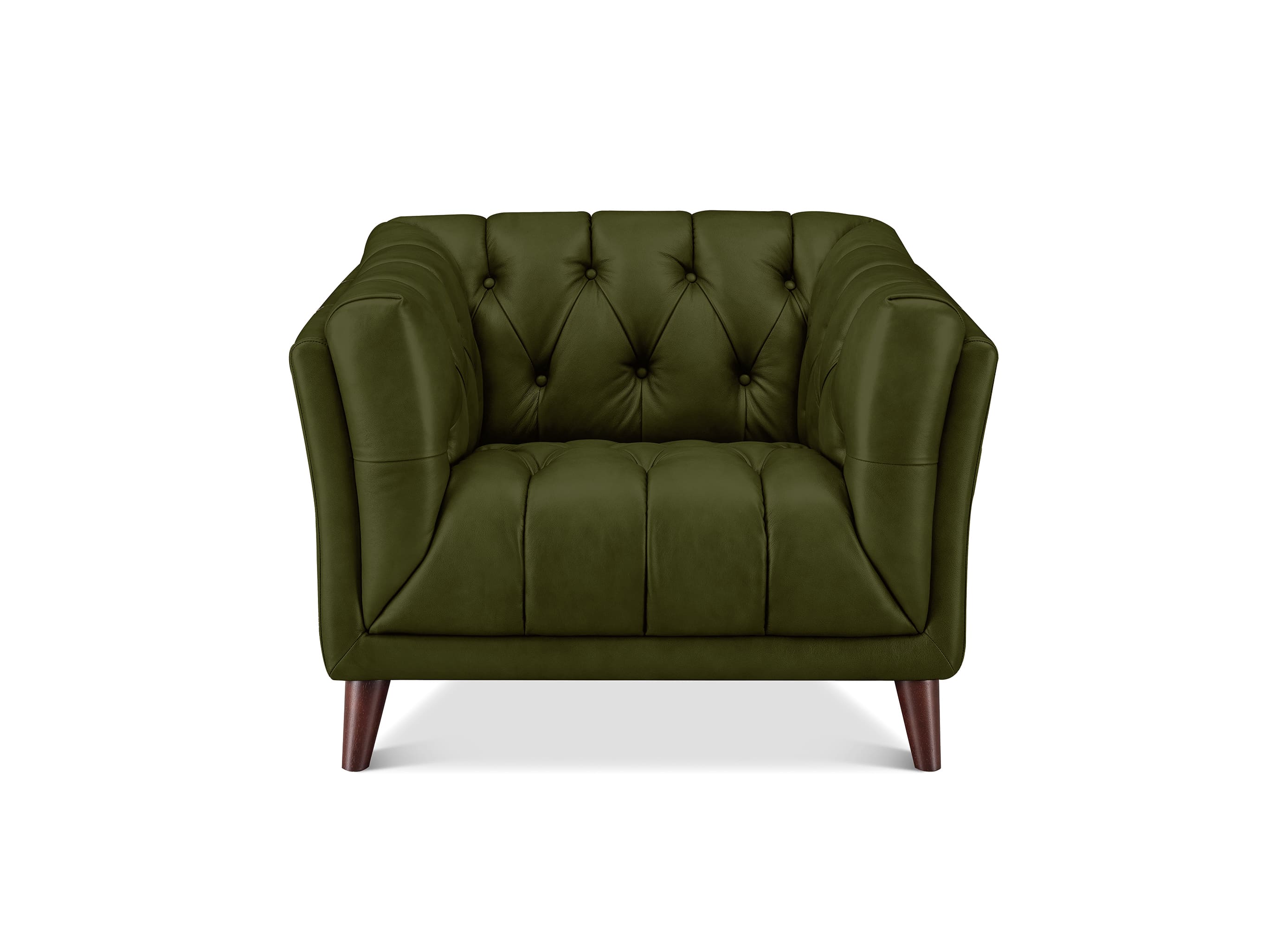 An olive green tufted armchair with dark brown wooden legs, shown from a front-facing perspective on a solid white background.