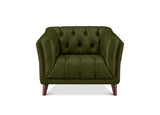An olive green tufted armchair with dark brown wooden legs, shown from a front-facing perspective on a solid white background.