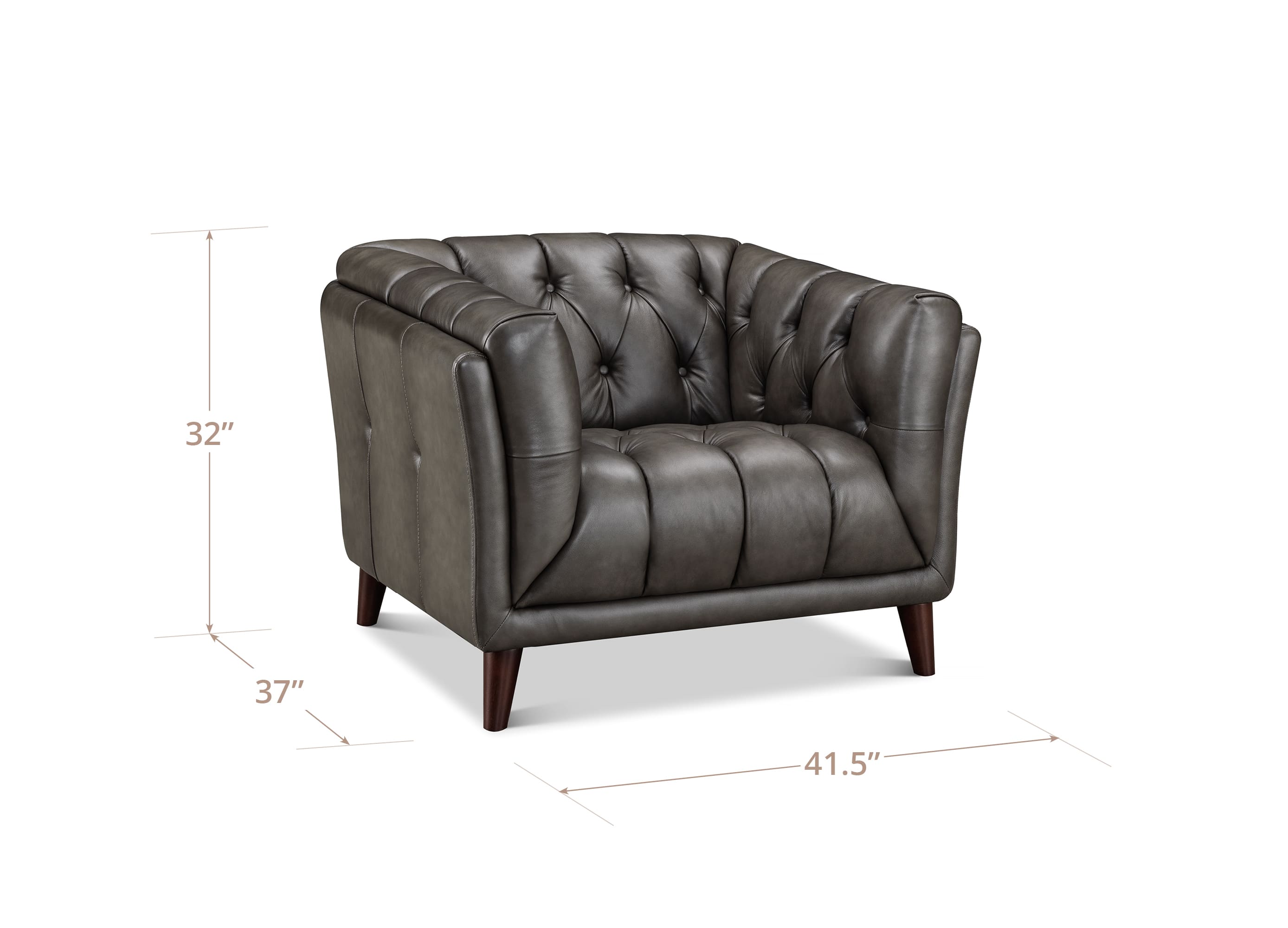 Gray tufted armchair with dimensions on a white background
