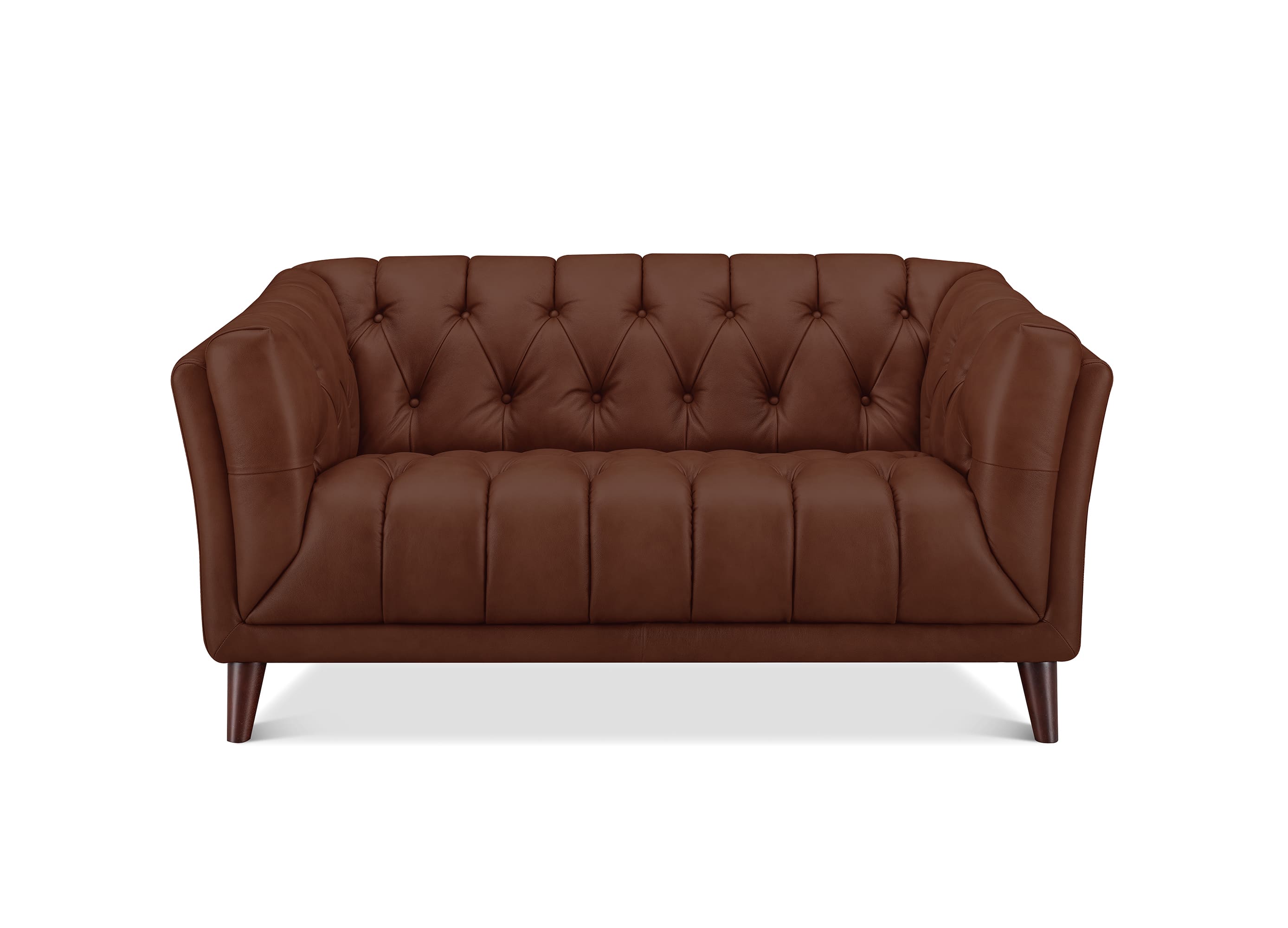 A brown tufted leather loveseat sofa with rolled arms and dark wooden legs, shown against a plain white background.