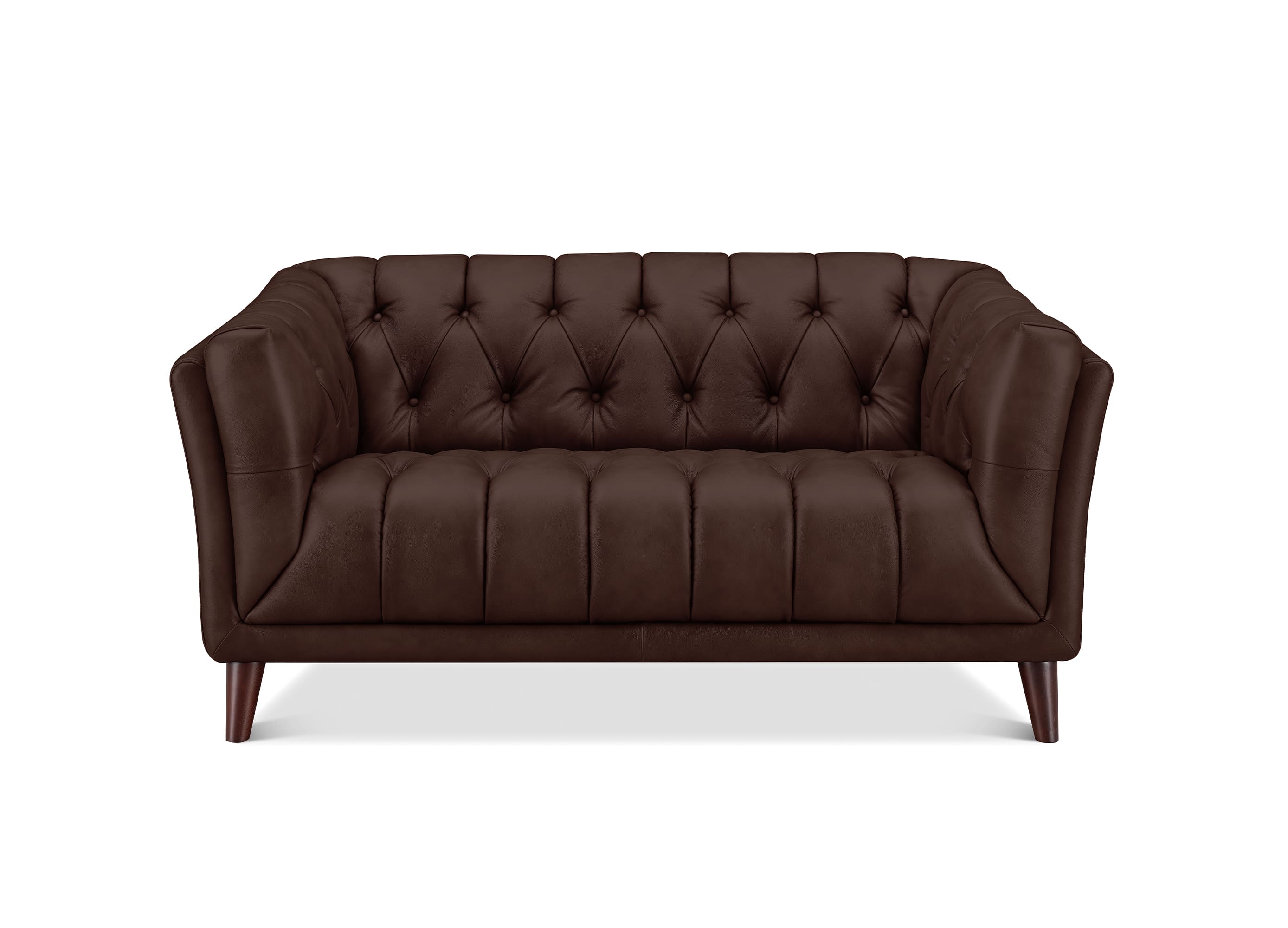 A dark brown tufted loveseat sofa with rolled arms and tapered wooden legs, shown against a plain white background.