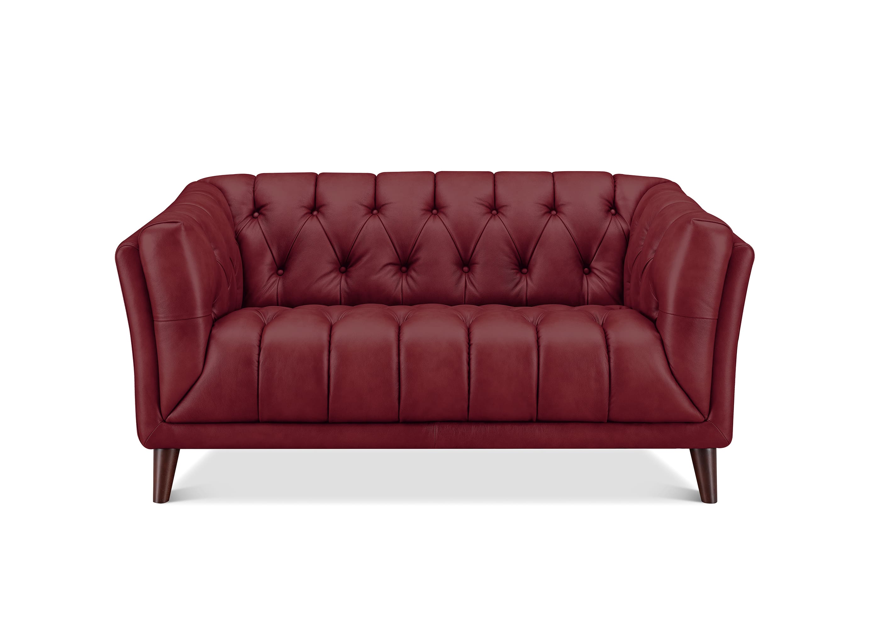 A classic Chesterfield loveseat sofa upholstered in deep burgundy leather, featuring button tufting on the backrest and seat, rolled arms, and dark wooden legs, shown against a plain white background.