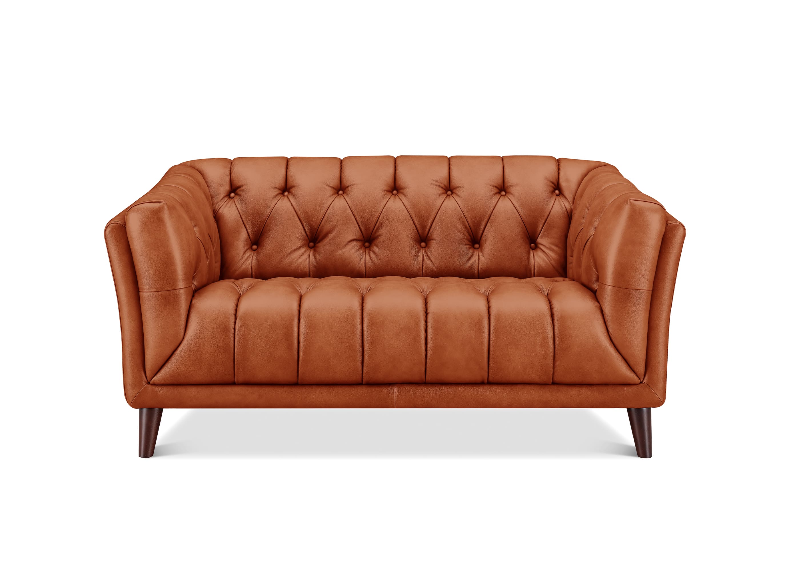 A classic tufted leather loveseat sofa in a warm cognac brown color, featuring dark wood legs, shown against a plain white background.