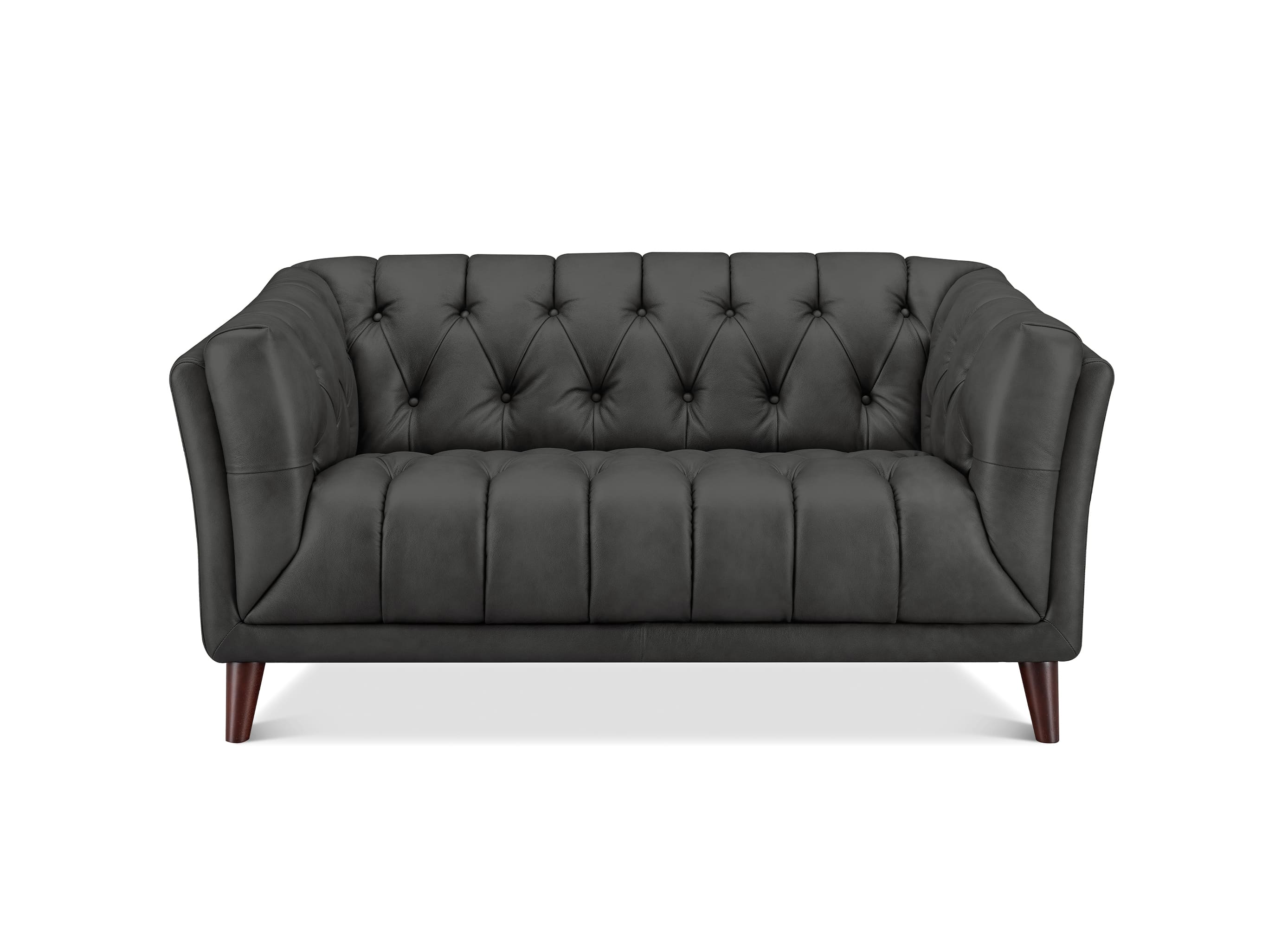 A dark gray tufted loveseat sofa with dark brown wooden legs, shown from a front-facing perspective on a white background.