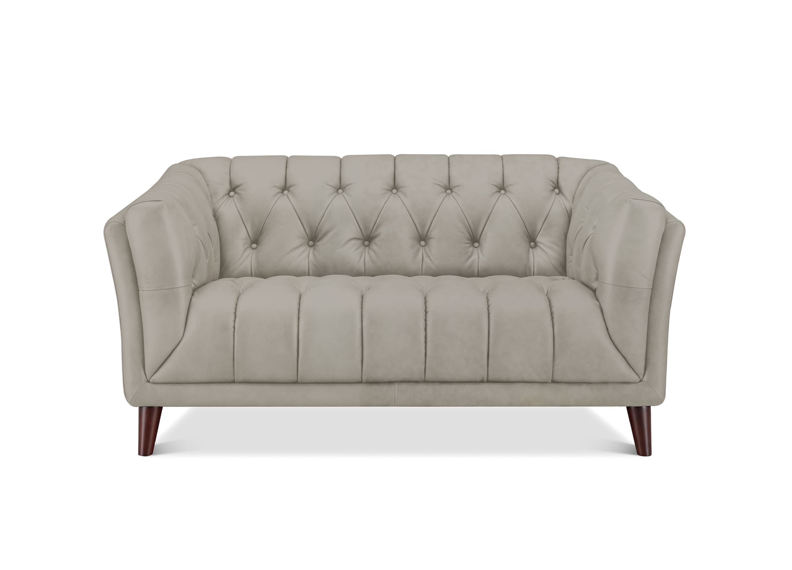 A light beige tufted loveseat sofa with dark brown wooden legs, shown from a front-facing perspective on a white background.