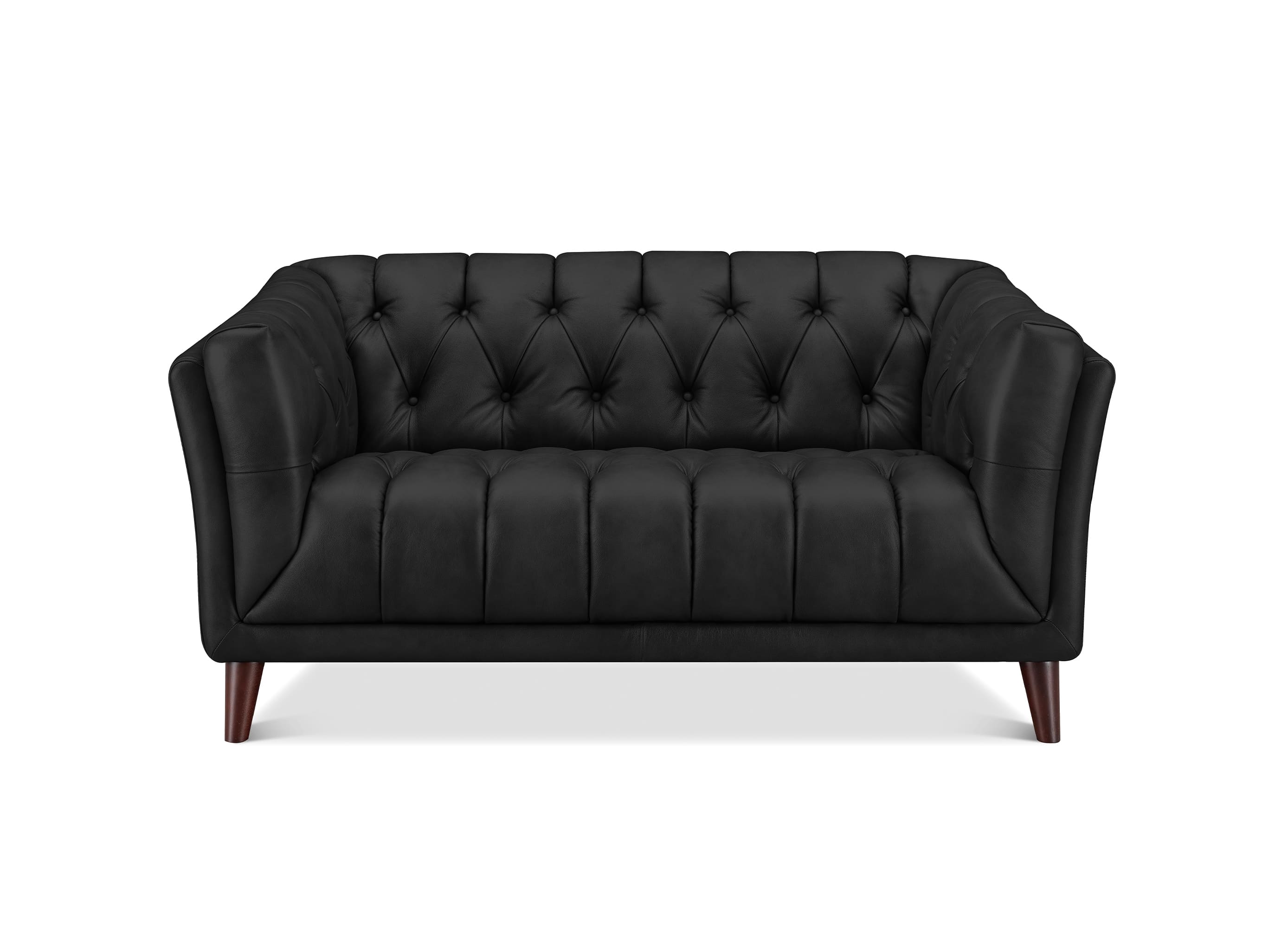 A black tufted loveseat sofa with dark brown wooden legs, shown from a front-facing perspective on a solid white background.