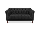 A black tufted loveseat sofa with dark brown wooden legs, shown from a front-facing perspective on a solid white background.
