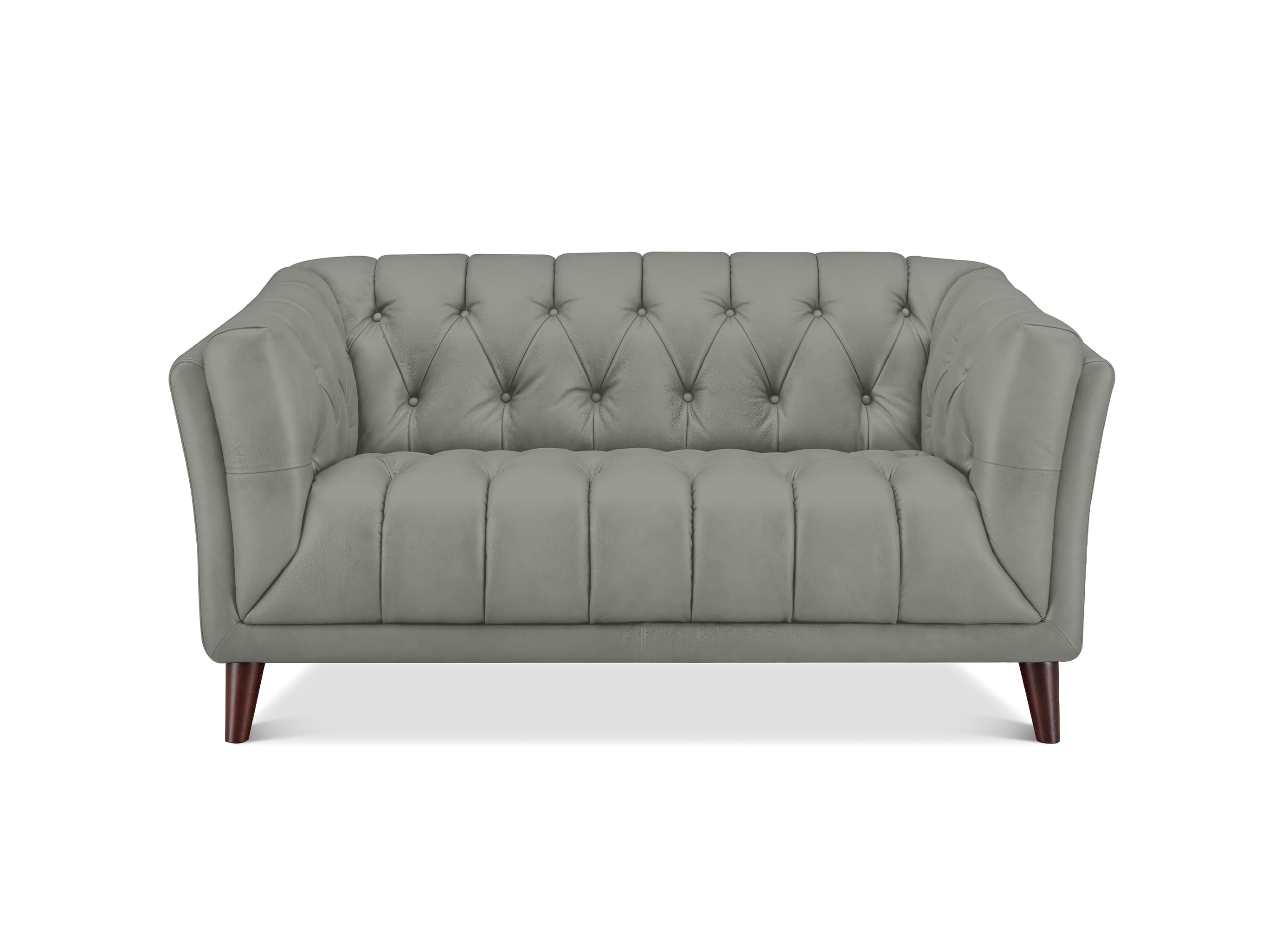 A gray tufted loveseat sofa with dark brown wooden legs, shown from a front-facing perspective on a solid white background.