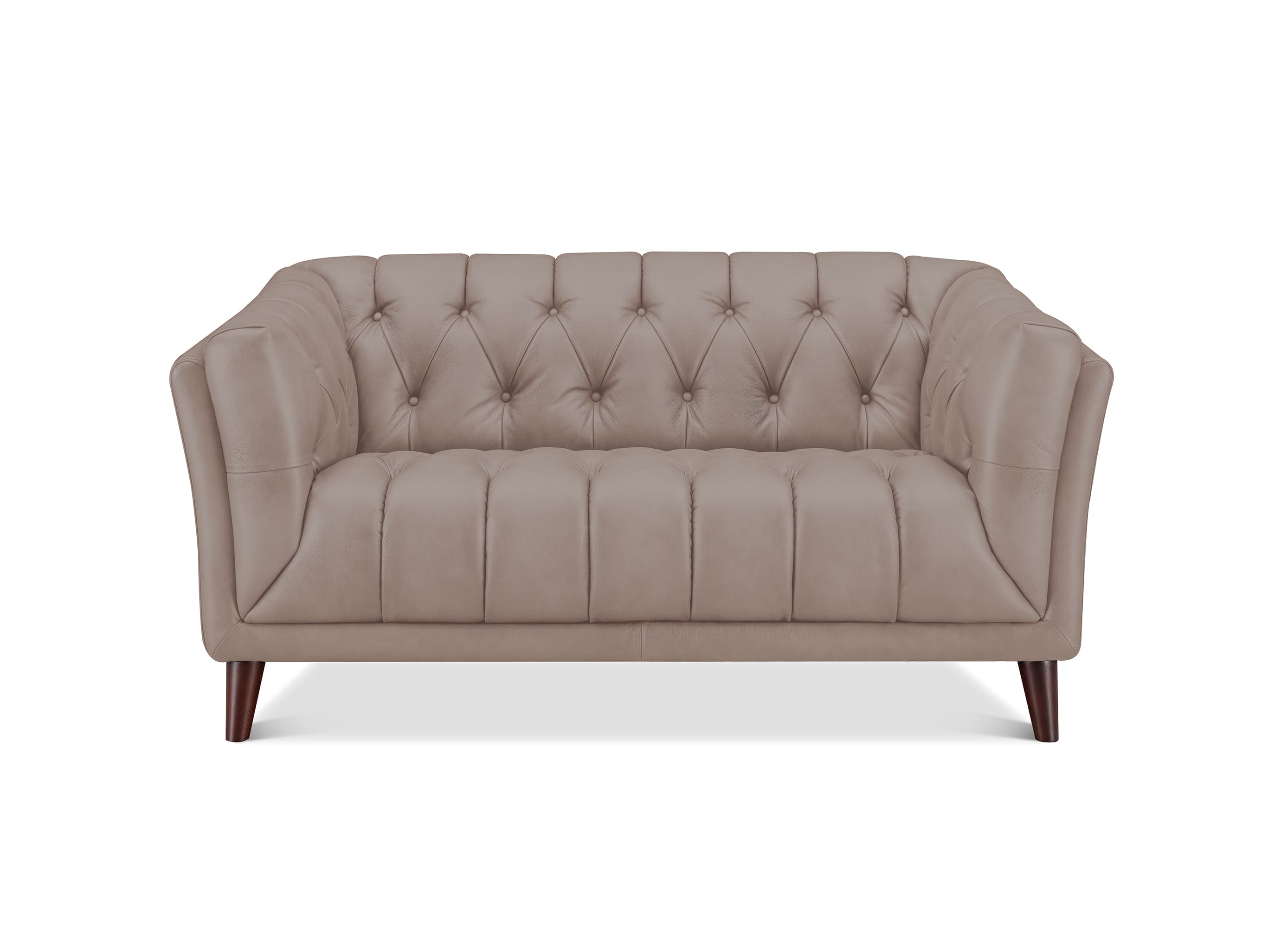 A tufted loveseat sofa in taupe faux leather with dark brown wooden legs, shown against a plain white background.