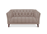 A tufted loveseat sofa in taupe faux leather with dark brown wooden legs, shown against a plain white background.