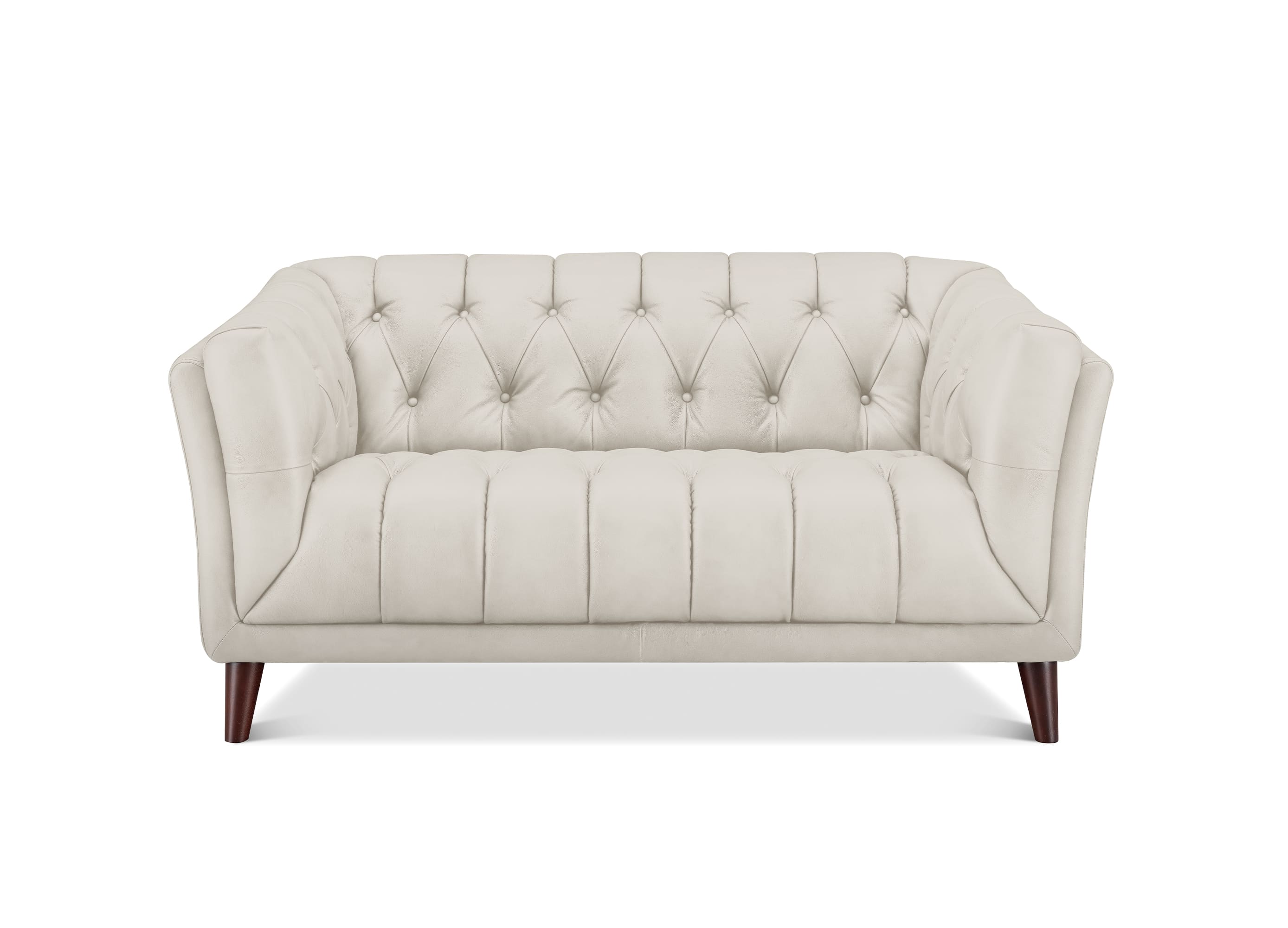 A cream-colored tufted loveseat sofa with dark brown wooden legs, shown from a front-facing perspective on a white background.