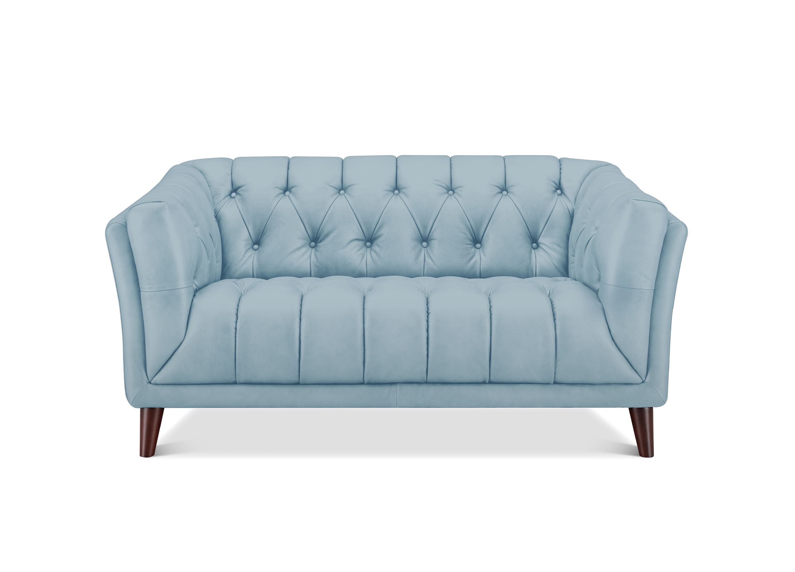 A light blue tufted loveseat sofa with dark brown wooden legs, shown from a front-facing perspective on a solid white background.