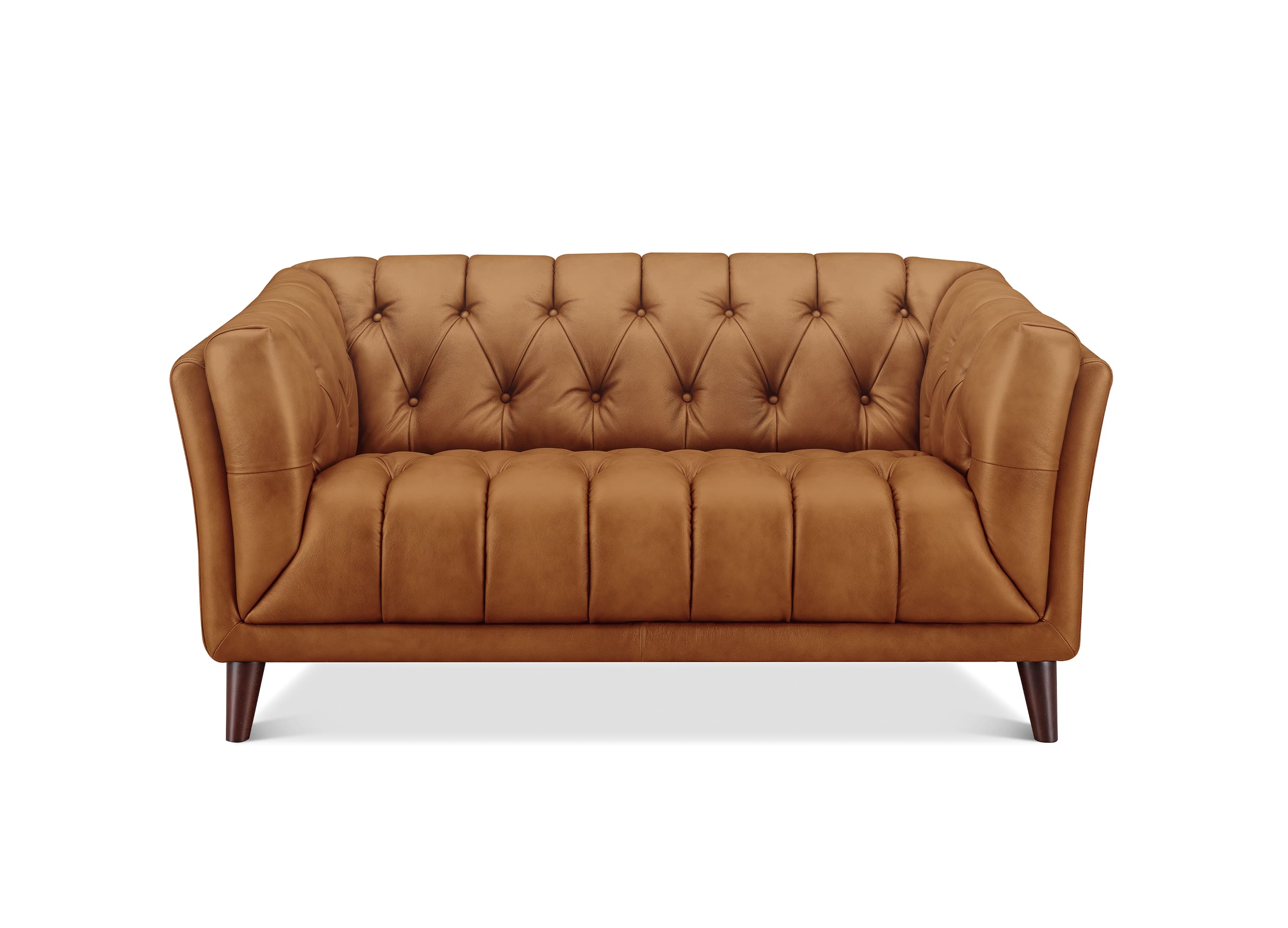 A classic Chesterfield loveseat sofa upholstered in warm camel brown leather, featuring deep button tufting on the backrest and seat, rolled arms, and dark wood legs, shown against a plain white background.