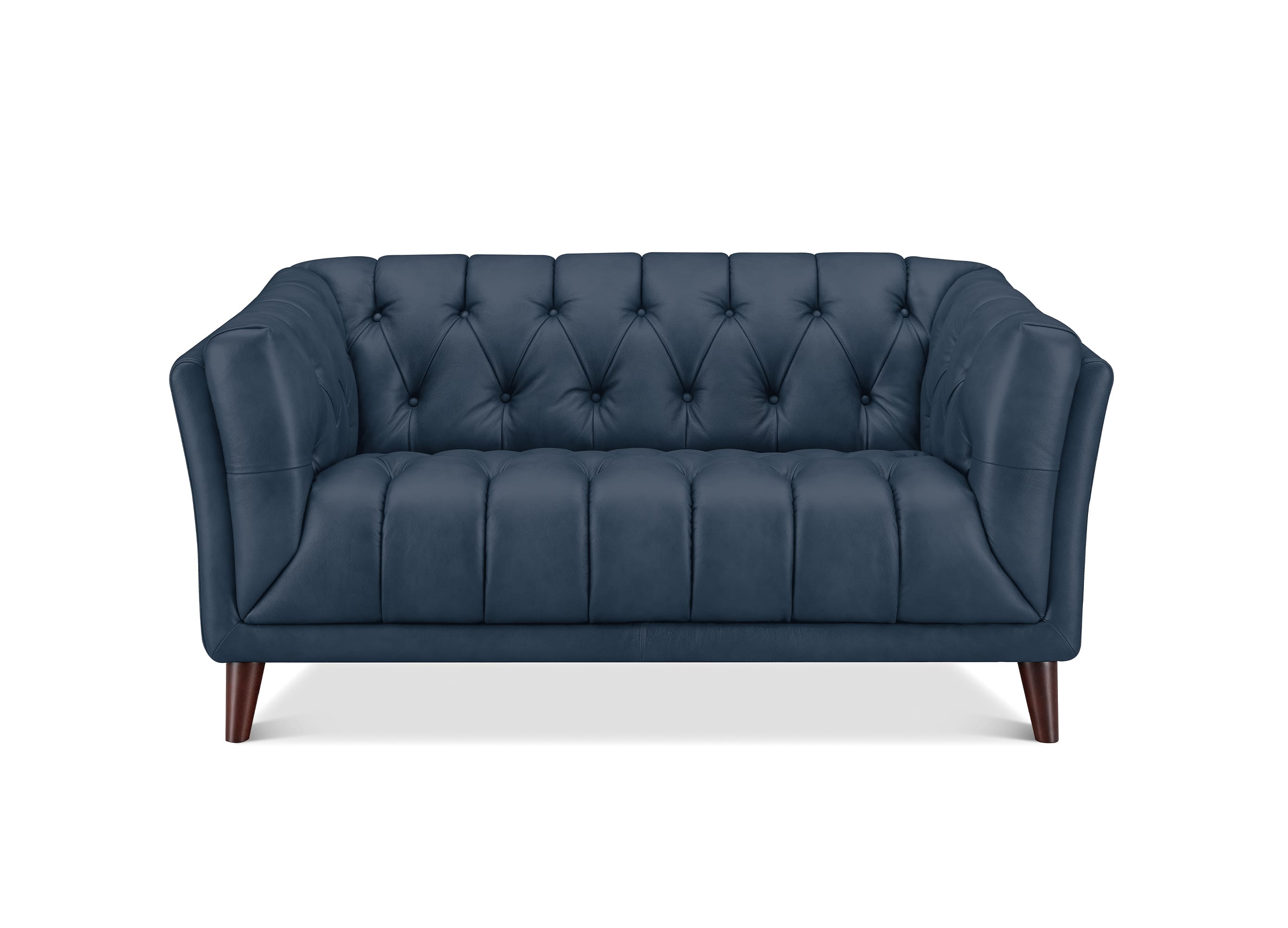 A navy blue tufted loveseat sofa with dark brown wooden legs, shown from a front-facing perspective on a white background.