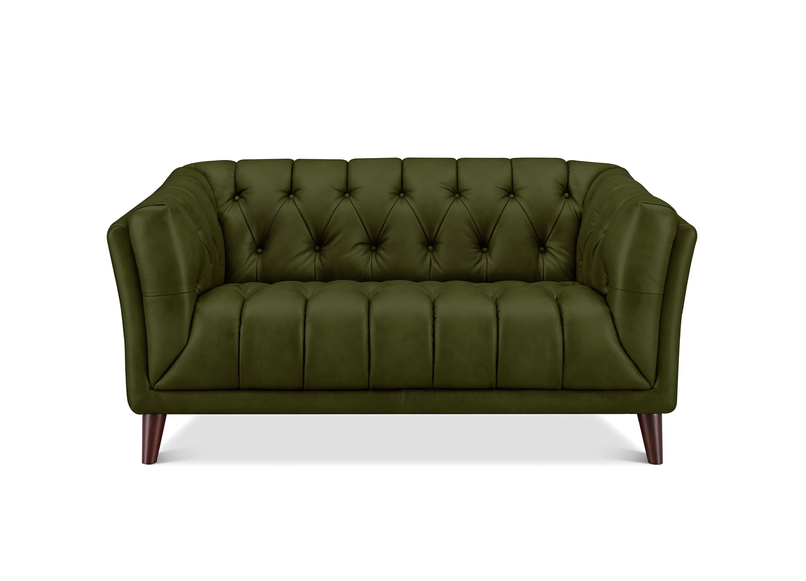 An olive green tufted loveseat sofa with dark wood legs, shown from a front-facing perspective on a white background.